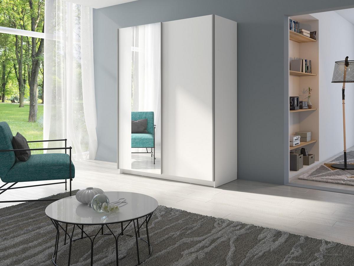 SCHWEBETÜRENSCHRANK ELRON 180,6/198,5/62cm 2-türig mit Spiegel Weiß - Weiß, Holzwerkstoff (180.6/198.5/62cm) - MASSENO