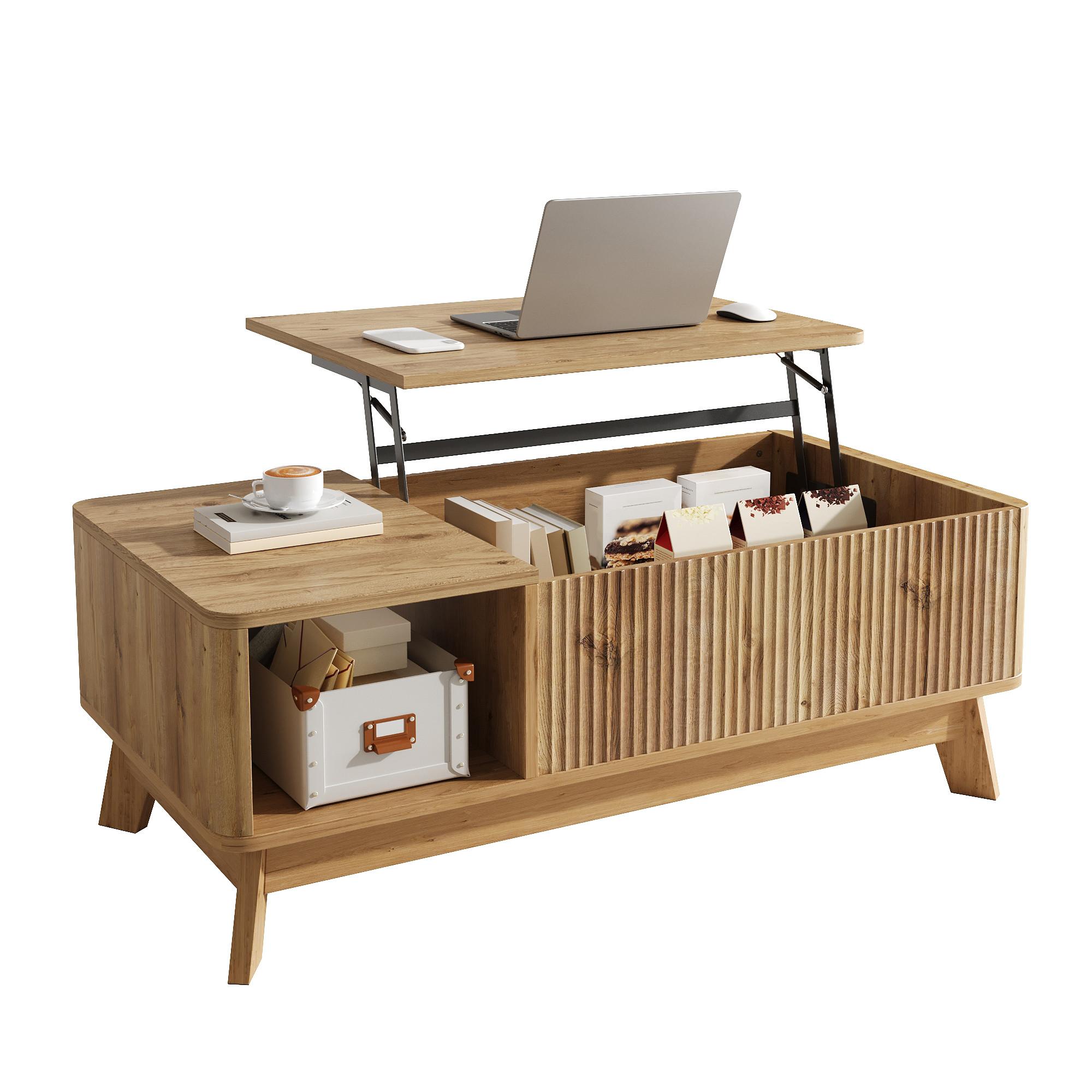 COUCHTISCH holzoptik & 3d-wellen-design mit lift-funktion & verstecktem stauraum - Naturfarben, Holzwerkstoff (48/95/50cm) - Urban Meuble