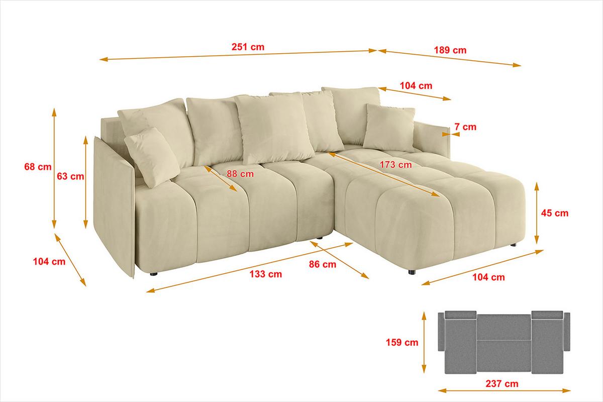 ECKSOFA Ottomane rechts LONLI-L 251x189x68 Taupe Velours - Taupe, Holzwerkstoff/Kunststoff (189/251cm) - ALTDECOR