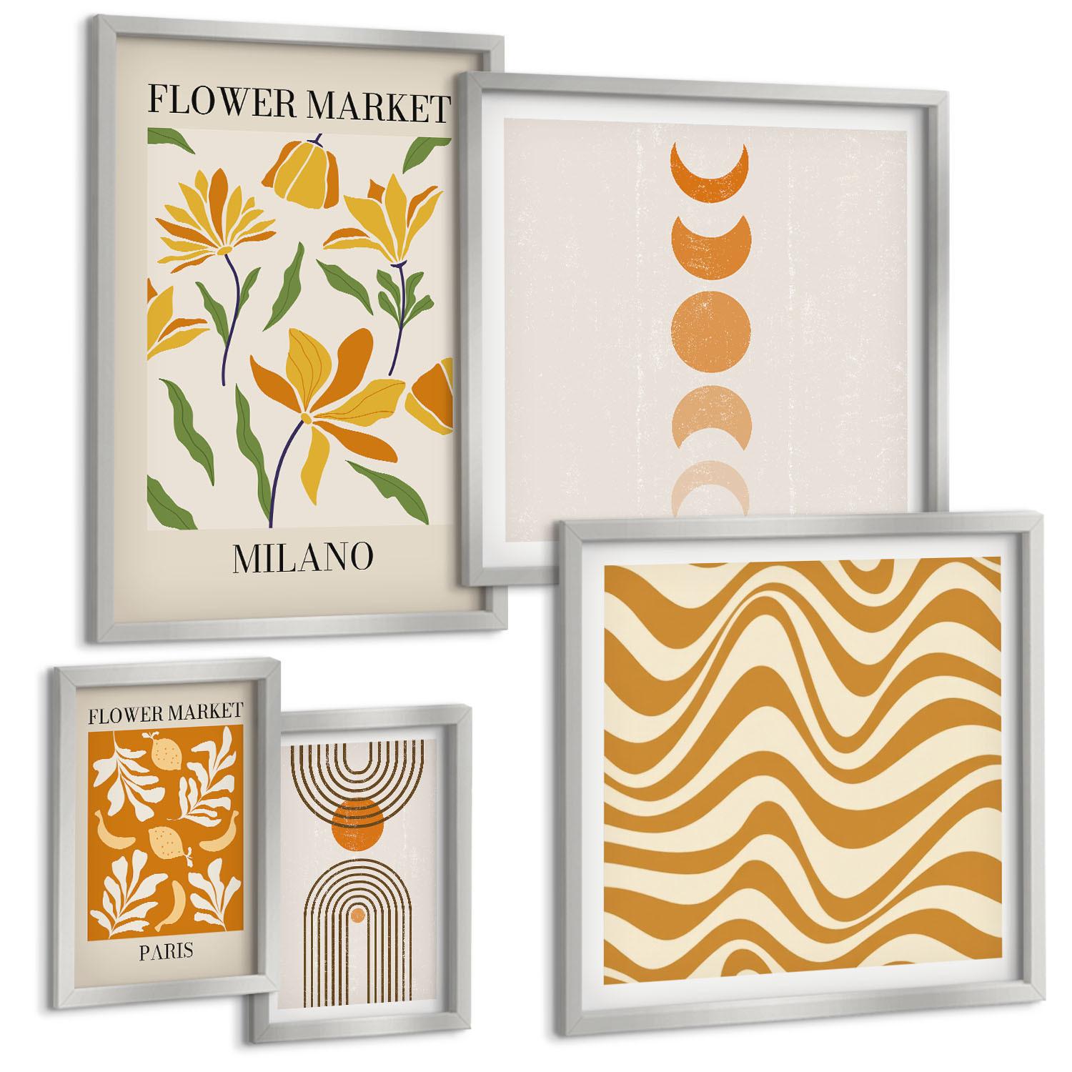 BILDER SET 5er Set - 50x50 cm & 20x30 cm & 40x60 cm Silberner Rahmen - Geometrische Pflanzenmuster - Silberfarben, Kunststoff (40/60cm) - TULUP