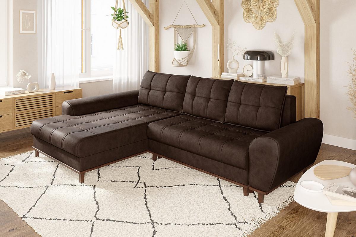 ECKSOFA im Scandi-Stil, Schlaffunktion, Bettkasten B268/T175/H86 cm, Ottomane links, Liegefl. 128x209 cm, Mikrofaserstoff in Vintage Braun / 21018 - Wildeiche/Eiche Bianco, Holz/Textil (268/175cm) - luma-home