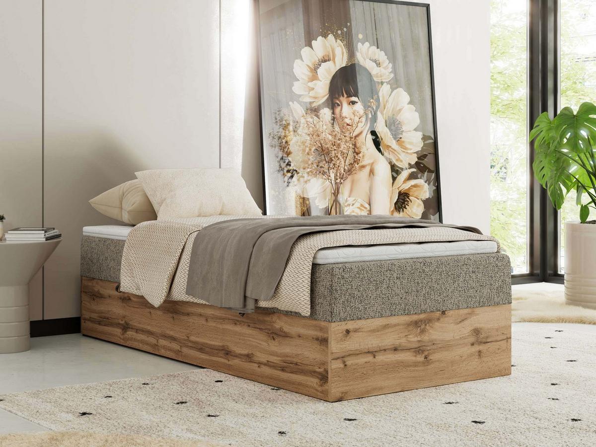 BOXBETT WOOD ZERO 90/200 - Dunkelbeige Struktur - H4 - Topper T25 - Cappuccino, Textil (90/200cm) - MKS