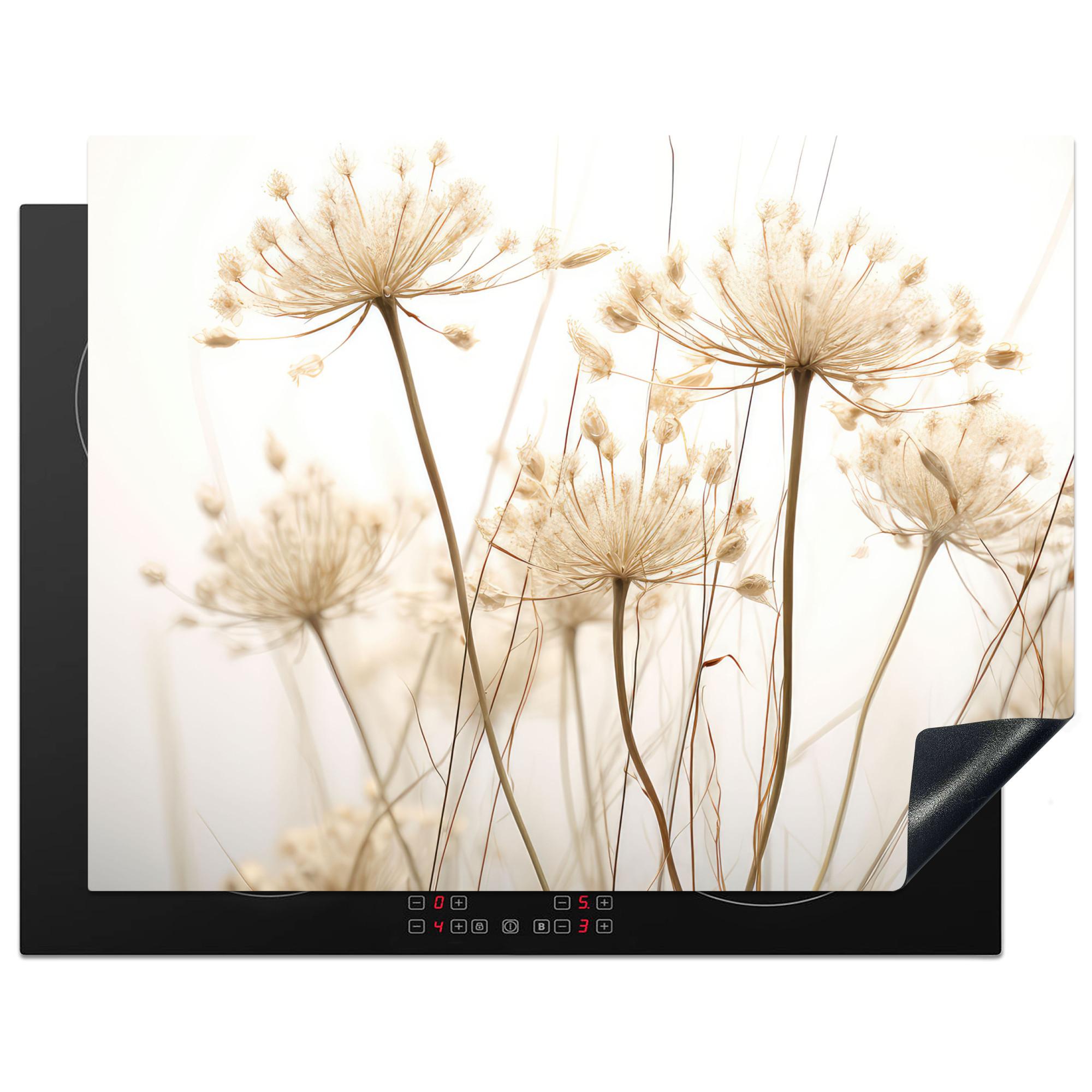 HERDABDECKPLATTE Blumen - Weiß - Sonnenlicht Induktionsmatte 77x59 cm - Ecru, Kunststoff (77/59/0.2cm) - MuchoWow