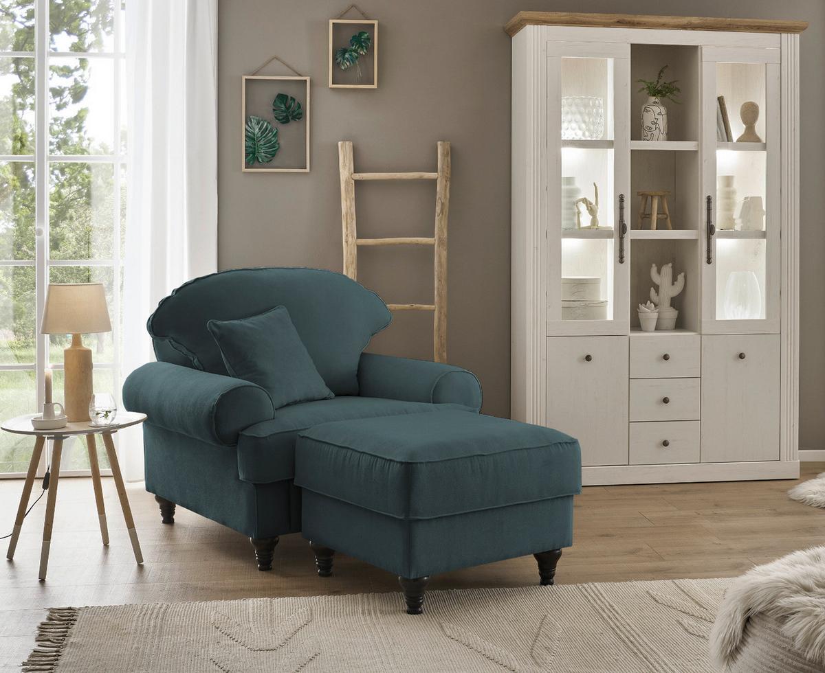SESSEL-SET blaugrün Landhaus, Loungesessel inklusive Hocker - Dunkelgrün/Braun, Holz/Textil (175/95/110cm) - Furn.Design