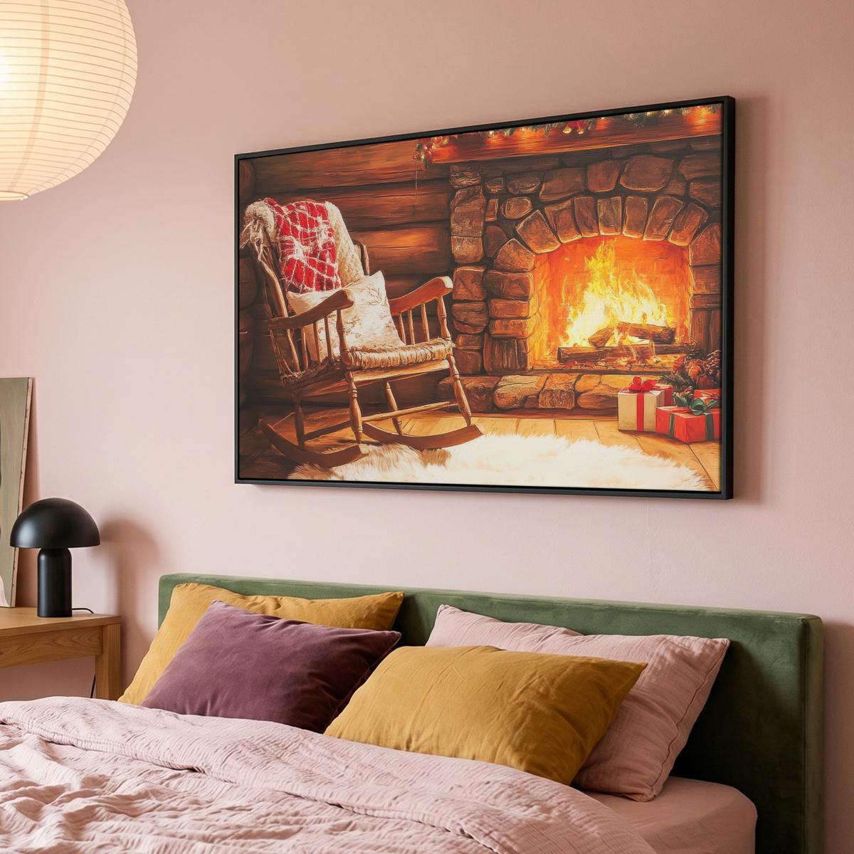 LEINWAND Bilder mit Rahmen - Winter - Weihnachten - Zuhause - Kamin - 140x90 - Bernsteinfarben, Textil (140/90cm) - MuchoWow