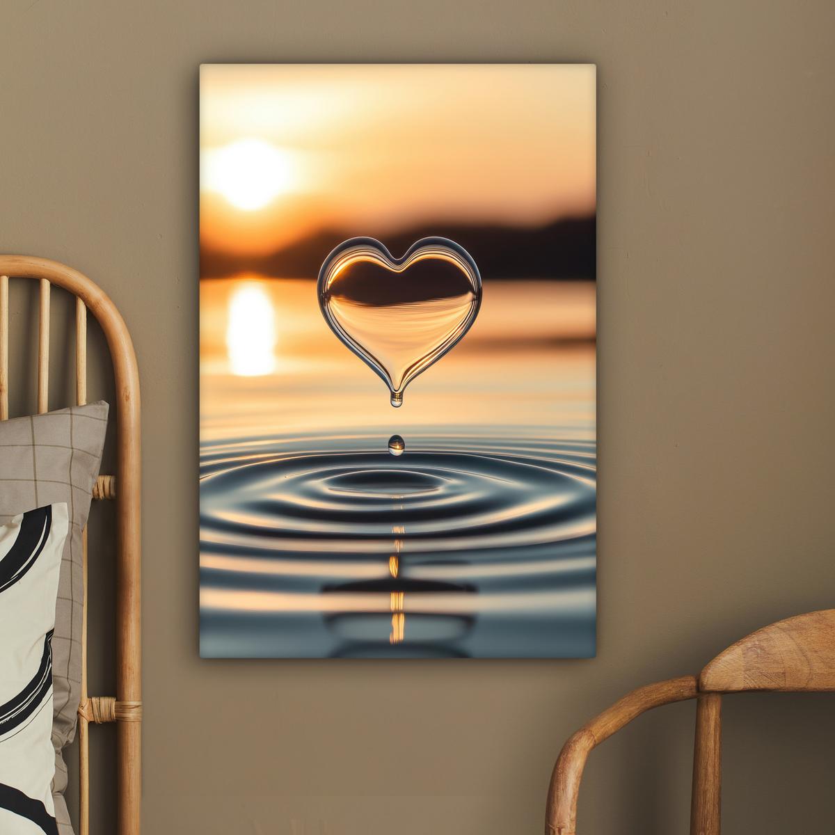 LEINWANDBILD Herz - Wasser - Sonnenuntergang - Natur - Zen Wanddeko Schlafzimmer 60x90 cm - Bernsteinfarben, Textil (60/90cm) - MuchoWow