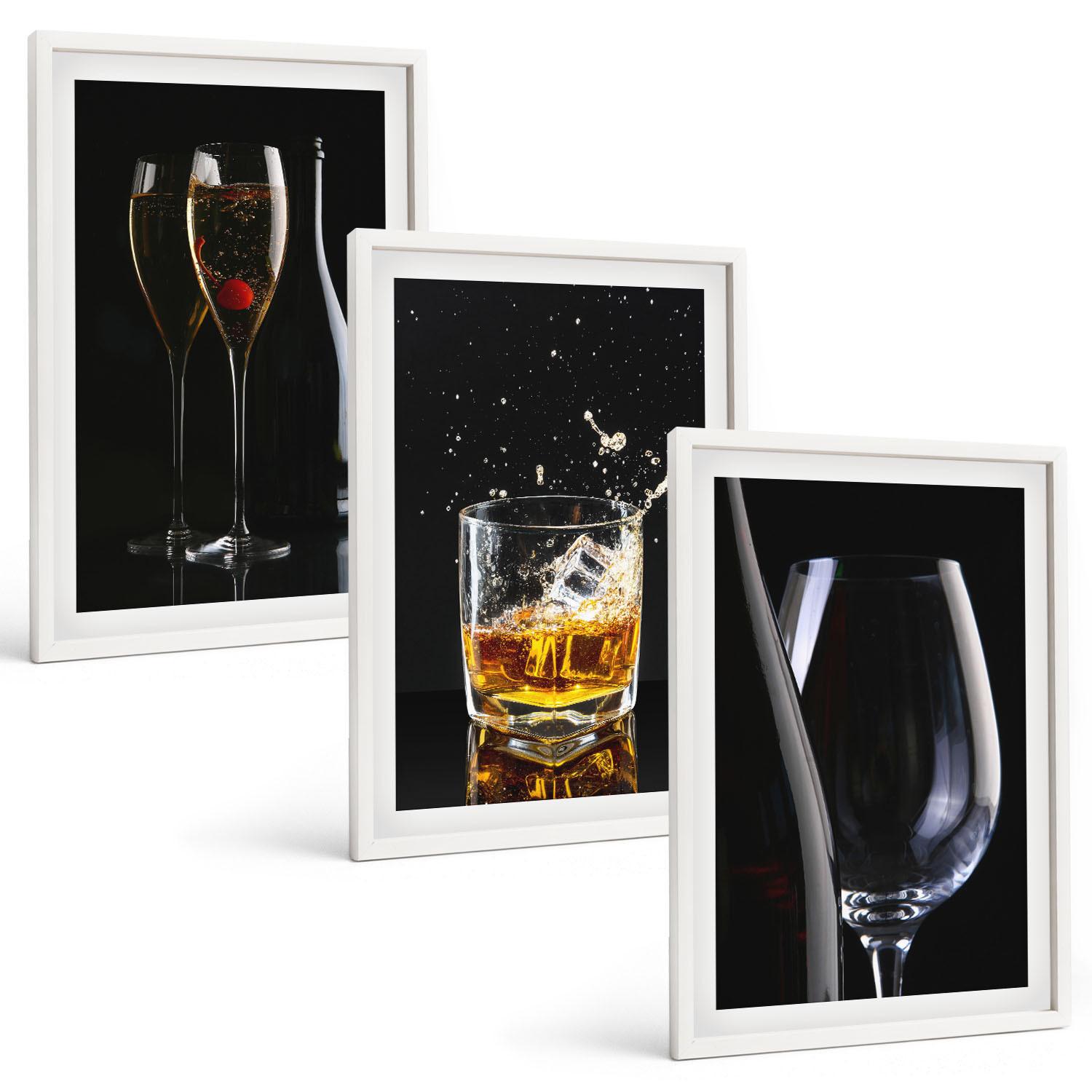 BILDER SET 3er Set - 40x60 cm Weißer Rahmen - Weingläser und Whiskygläser auf schwarzem Hintergrund - Weiß, Kunststoff (40/60cm) - TULUP
