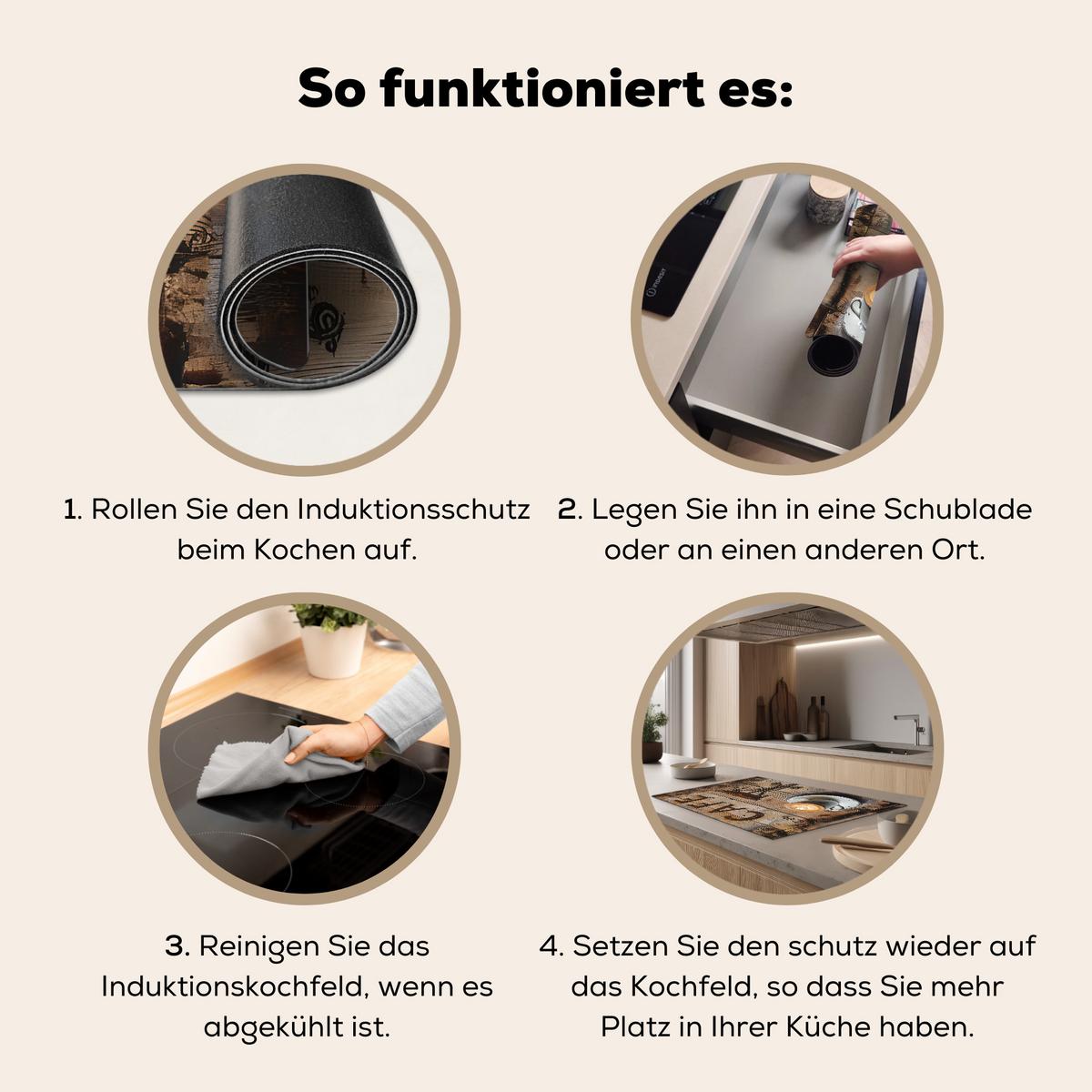 HERDABDECKPLATTE Cafe - Holz - Kaffee - Regale Induktionsmatte 81x52 cm - Schwarz, Kunststoff (81/52/0.2cm) - MuchoWow