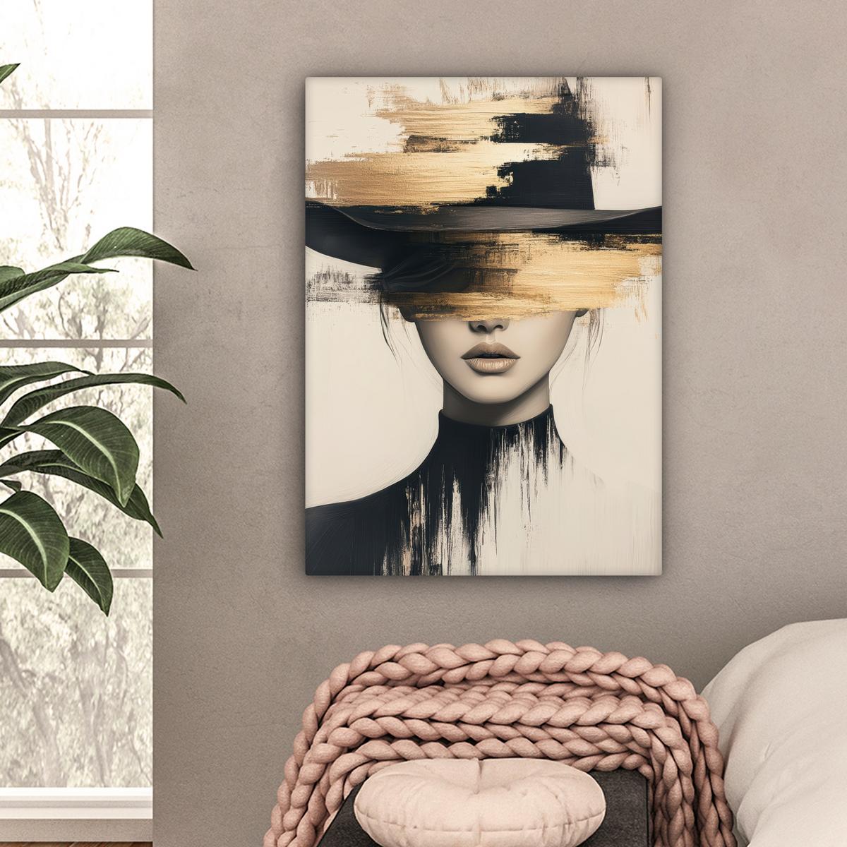 LEINWANDBILD Frau - Hut - Farbe Wandbild Wohnzimmer 60x80 cm - Goldfarben, Textil (60/80cm) - MuchoWow