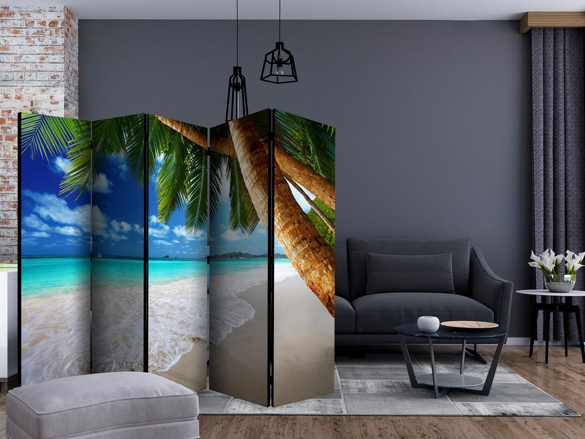 PARAVENT Akustik 5-tlg 225x172 cm Tropische Insel Palmen 3D - Multicolor, Holz/Textil (225/172/3cm) - Muralo