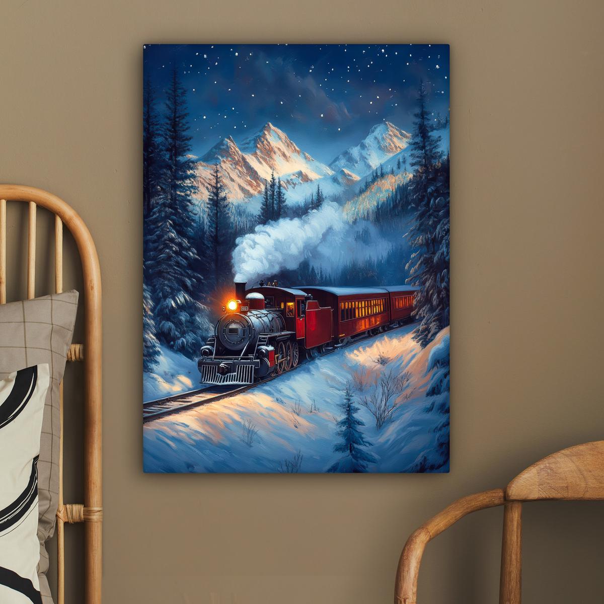LEINWANDBILD Zug - Weihnachten - Schnee - Weihnachtszug Wandbild Wohnzimmer 60x80 cm - Anthrazit, Textil (60/80cm) - MuchoWow