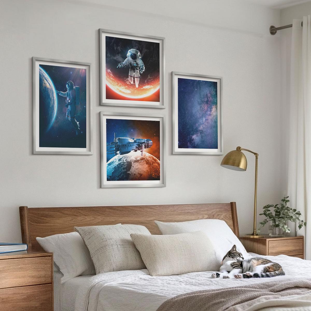 BILDER SET 4er Set - 50x50 cm & 40x60 cm Silberner Rahmen - Weltraum-Astronauten-Sterne - Silberfarben, Kunststoff (50/50cm) - TULUP