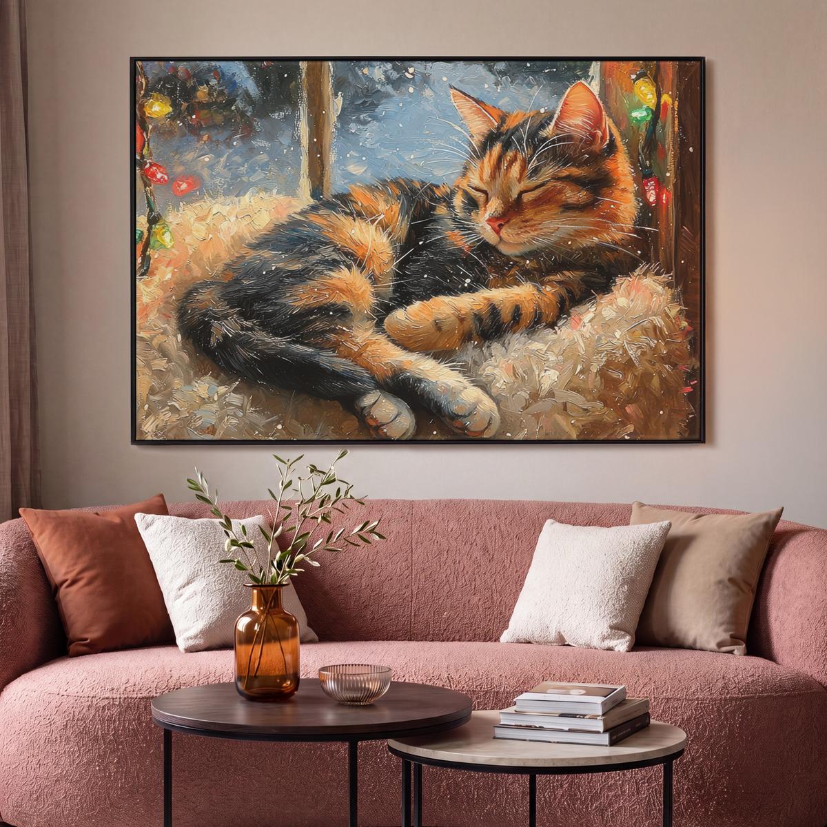 LEINWAND Bilder mit Rahmen - Katze - Weihnachten - Winter - Tier - 120x80 - Bernsteinfarben, Textil (120/80cm) - MuchoWow