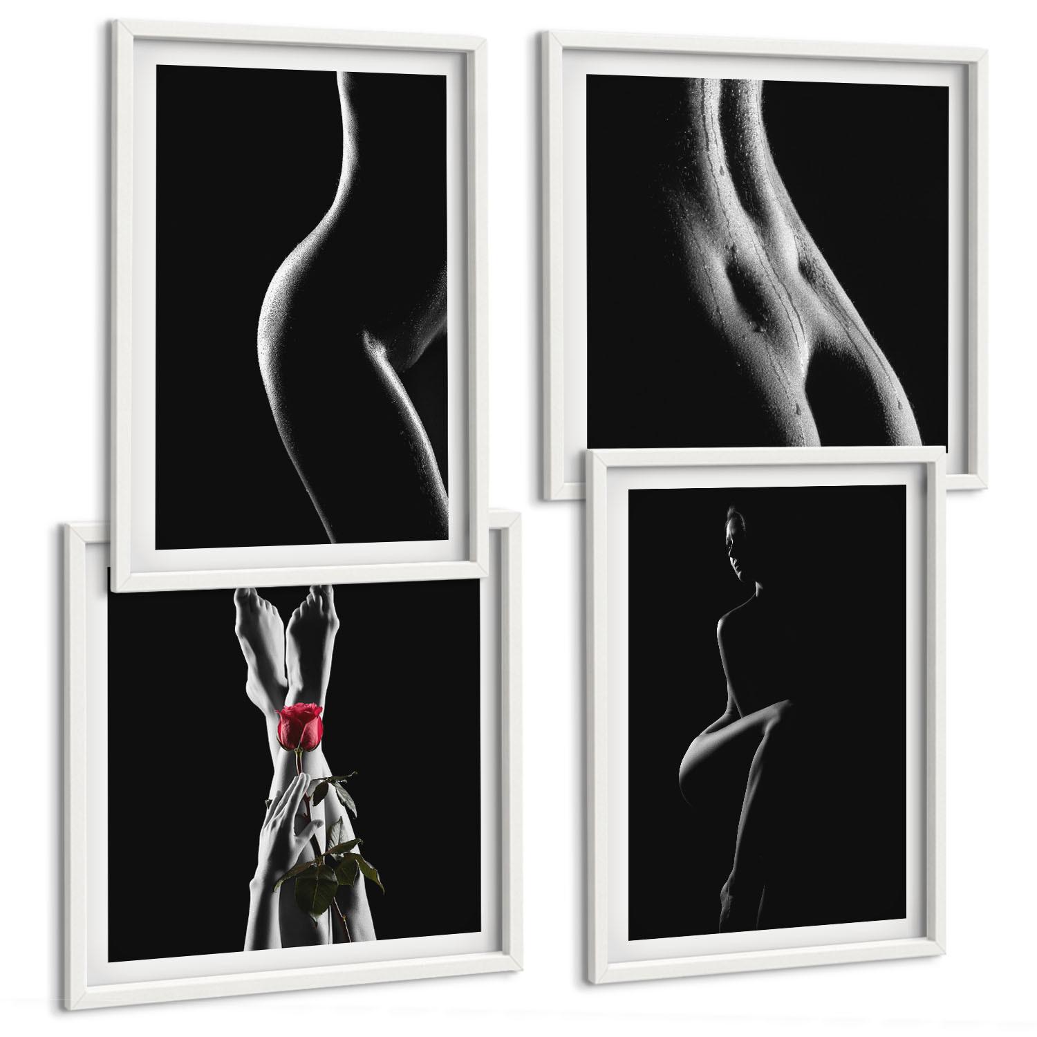 BILDER SET 4er Set - 50x50 cm & 40x60 cm Weißer Rahmen - Schwarze und weiße weibliche Formen - Weiß, Kunststoff (50/50cm) - TULUP