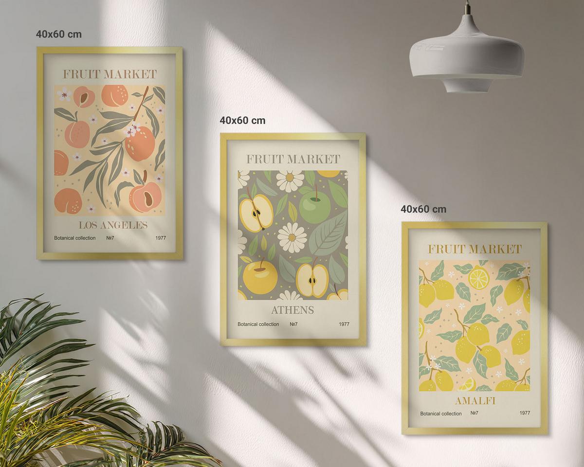BILDER SET 3er Set - 40x60 cm Goldrahmen - Retro-Poster mit Fruchtmustern - Goldfarben, Kunststoff (40/60cm) - TULUP
