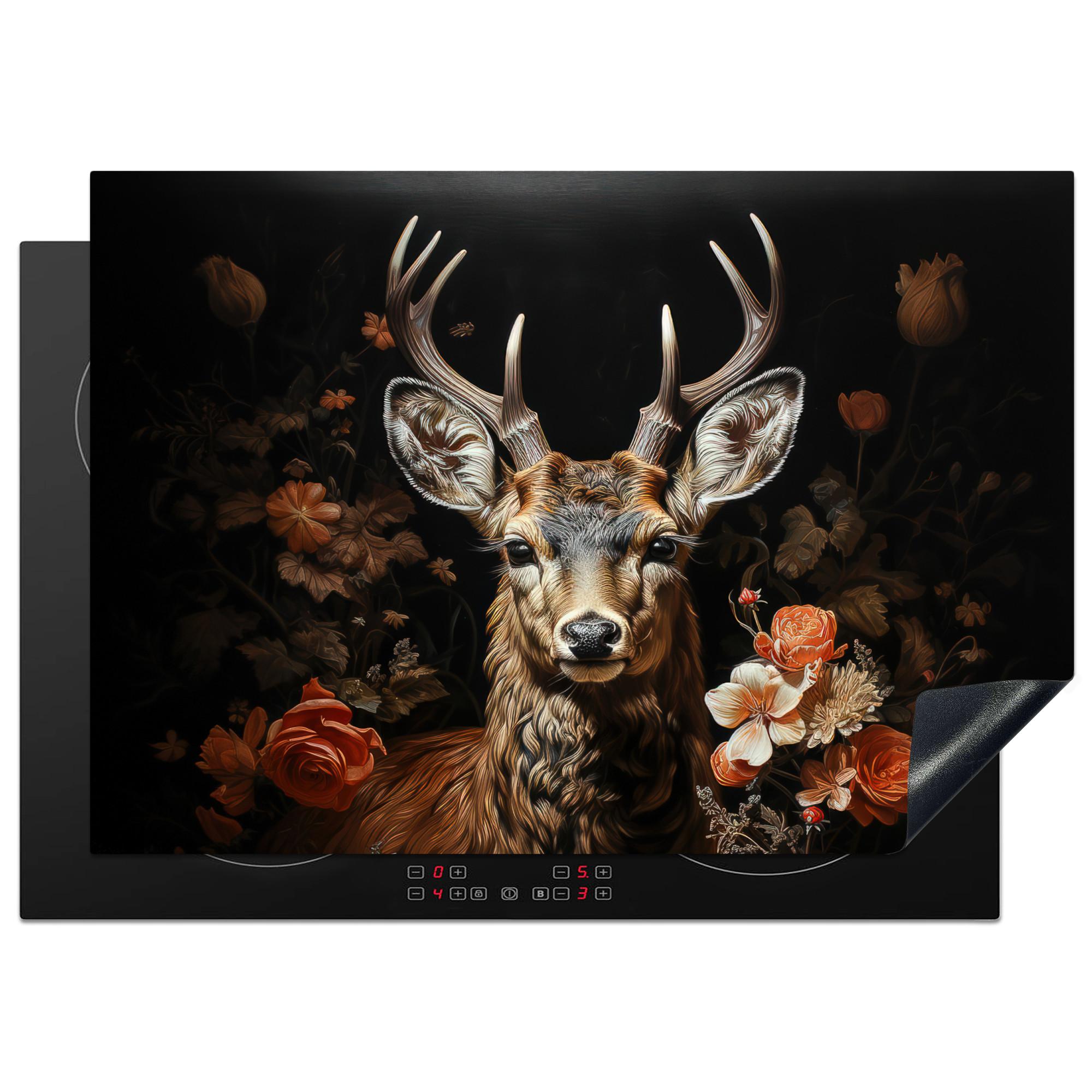 HERDABDECKPLATTE Hirsch - Tier - Blumen - Natur - Botanisch Herdabdeckung Induktionsfeld 75x52 cm - Kupferfarben, Kunststoff (75/52/0.2cm) - MuchoWow