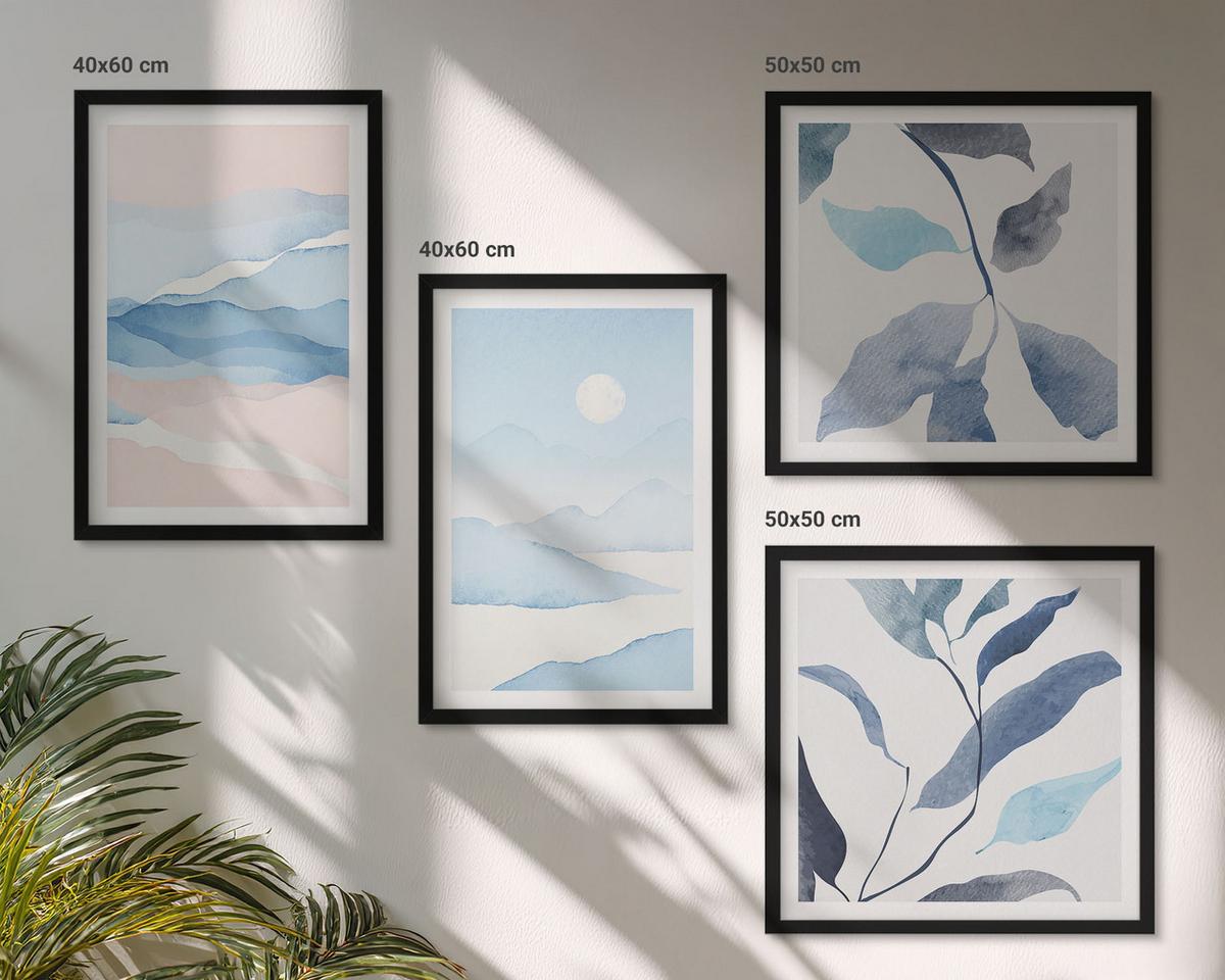 BILDER SET 4er Set - 50x50 cm & 40x60 cm Schwarzer Rahmen - Berglandschaften, Aquarellpflanzen - Schwarz, Kunststoff (50/50cm) - TULUP