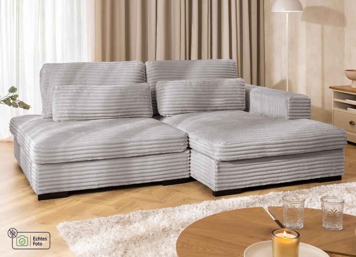 ECKSOFA Wolke mit tiefer Sitzfläche, Schlaffunktion und praktischem Bettkasten aus weichem Hellgrau Cordstoff - Hellgrau/Schwarz, Holz/Kunststoff (225/162cm) - S-Style
