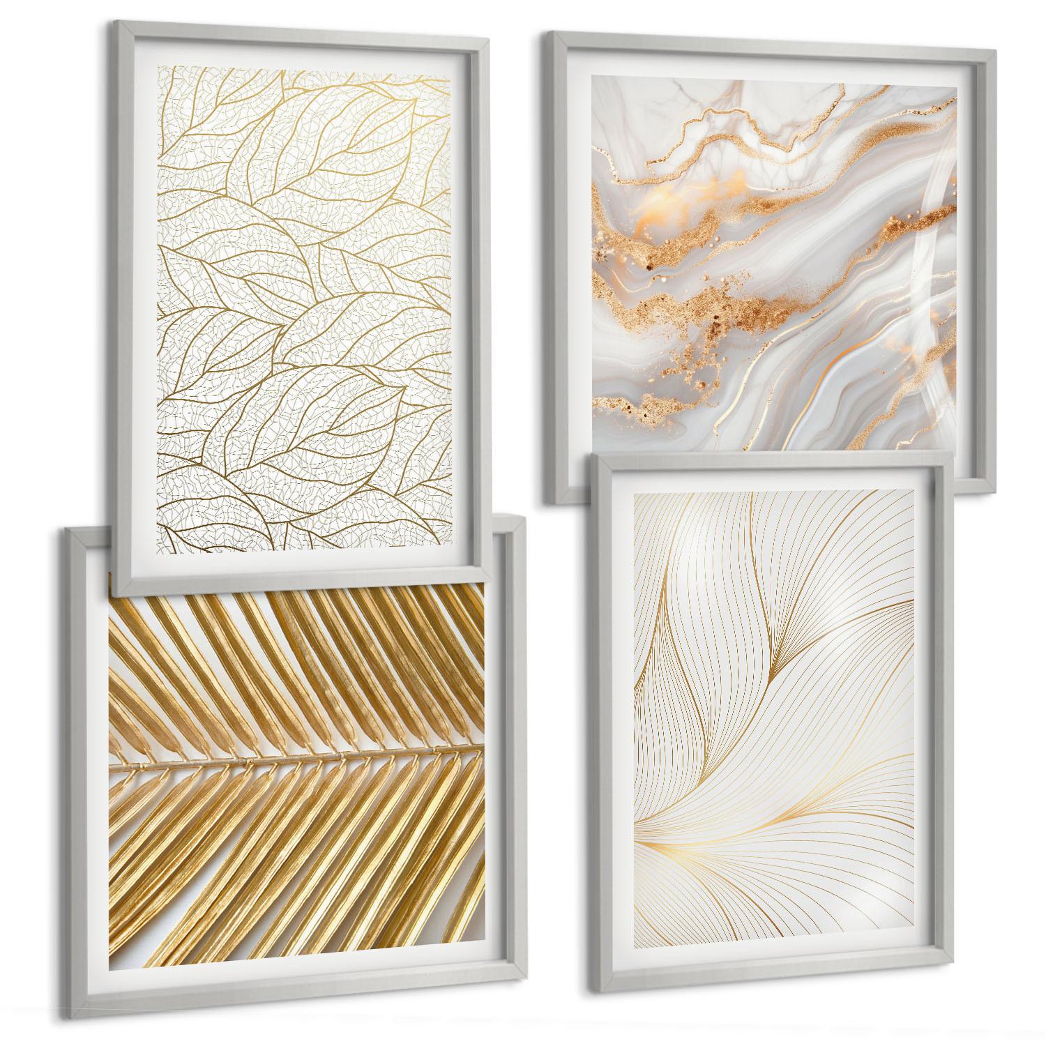 BILDER SET 4er Set - 50x50 cm & 40x60 cm Silberner Rahmen - Blattmuster Marmor abstrakt - Silberfarben, Kunststoff (50/50cm) - TULUP