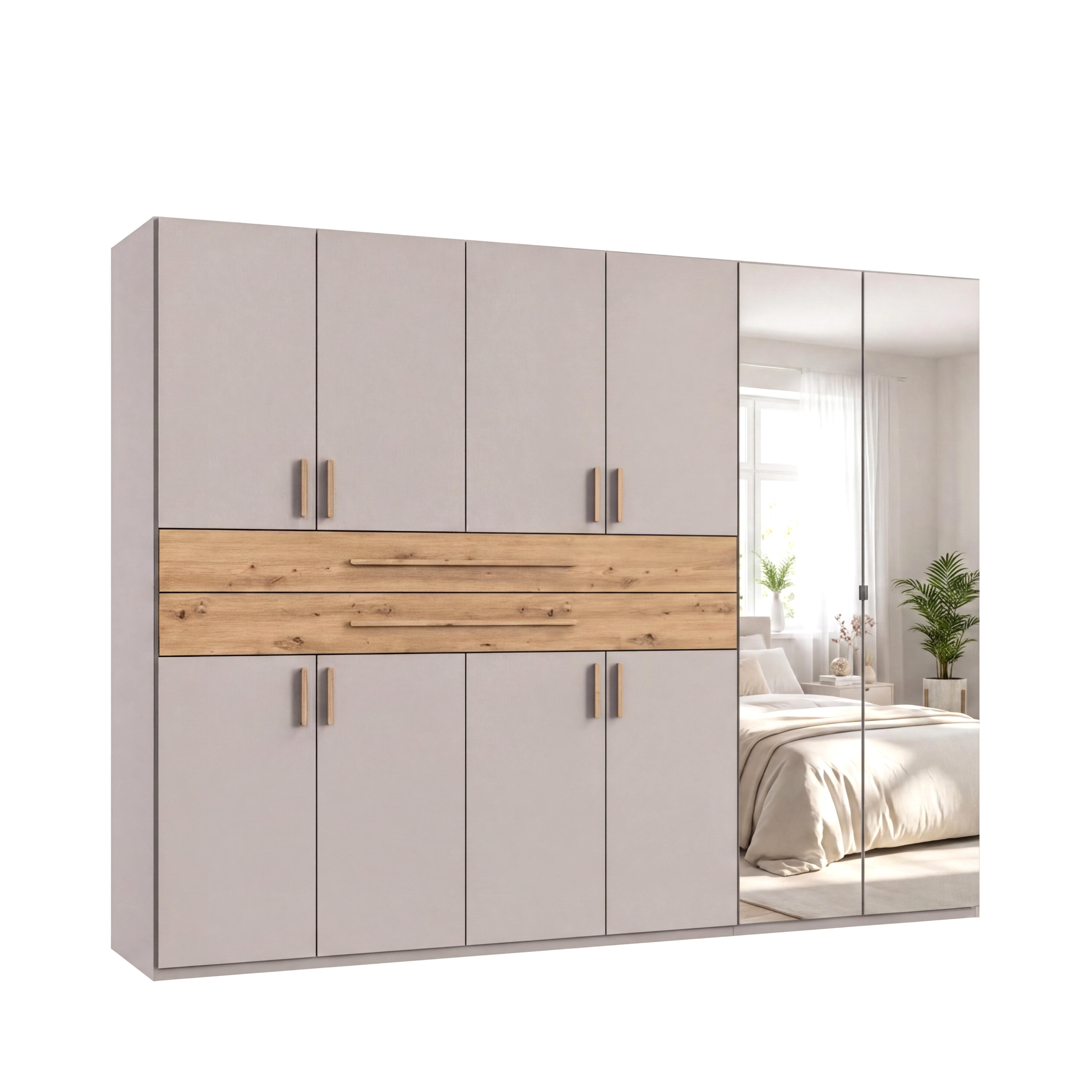 DREHTÜRENSCHRANK B270/H208/T58 cm Beige Grau, Kleiderschrank mit 2 Spiegeltüren, 2 großen Schubkästen & Griffen in Eiche Artisan Dekor / 22648 - Greige/Eiche Artisan, Holzwerkstoff/Kunststoff (270/208/58cm) - luma-home