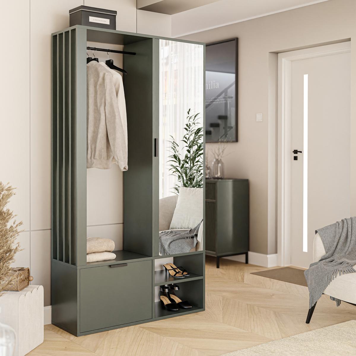 GARDEROBENSCHRANK mit Spiegel-mit Ablagen und Kleiderstange - Grün, Holzwerkstoff (100/190/33cm) - Idohome