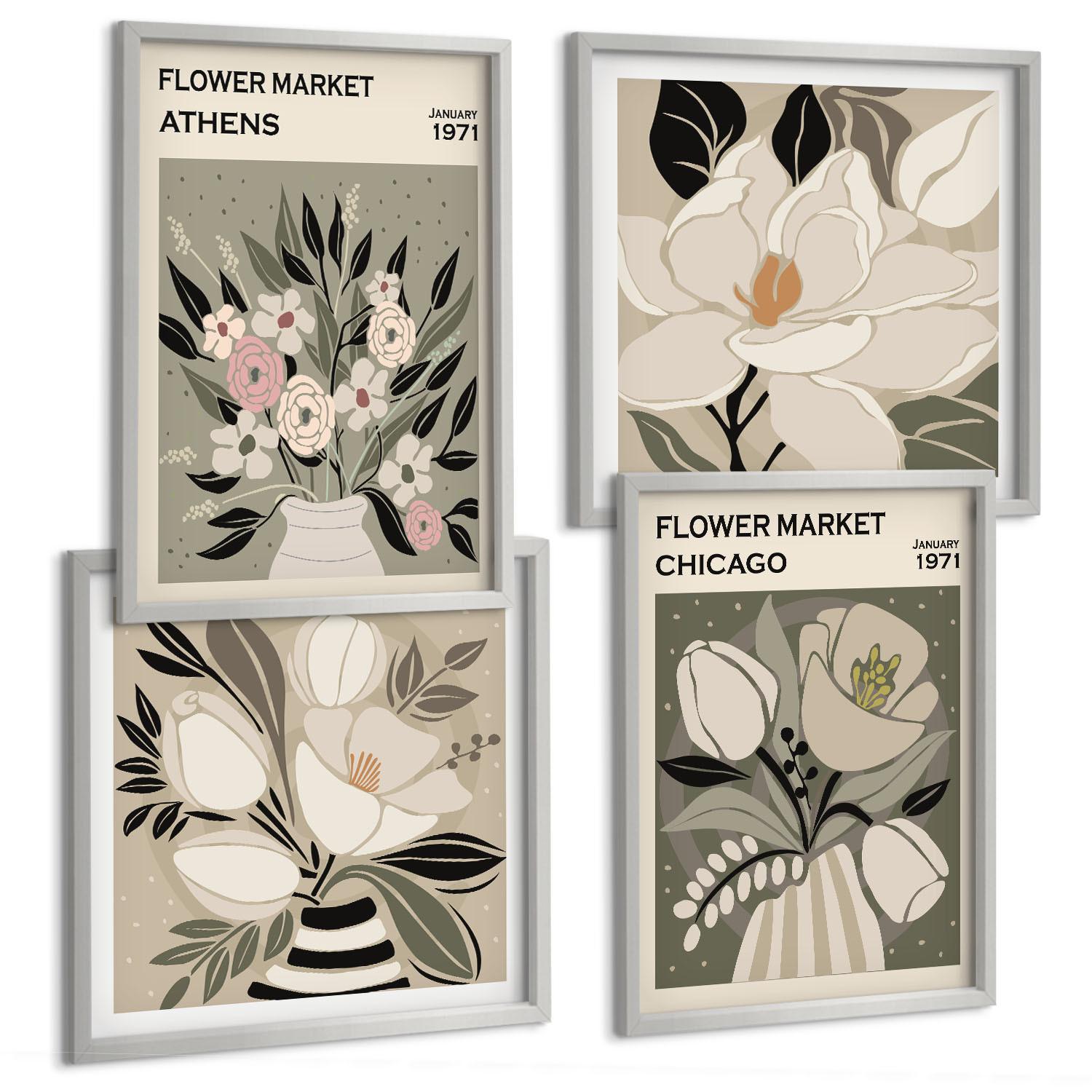 BILDER SET 4er Set - 50x50 cm & 40x60 cm Silberner Rahmen - Retro-Blumenmuster aus verschiedenen Städten - Silberfarben, Kunststoff (50/50cm) - TULUP