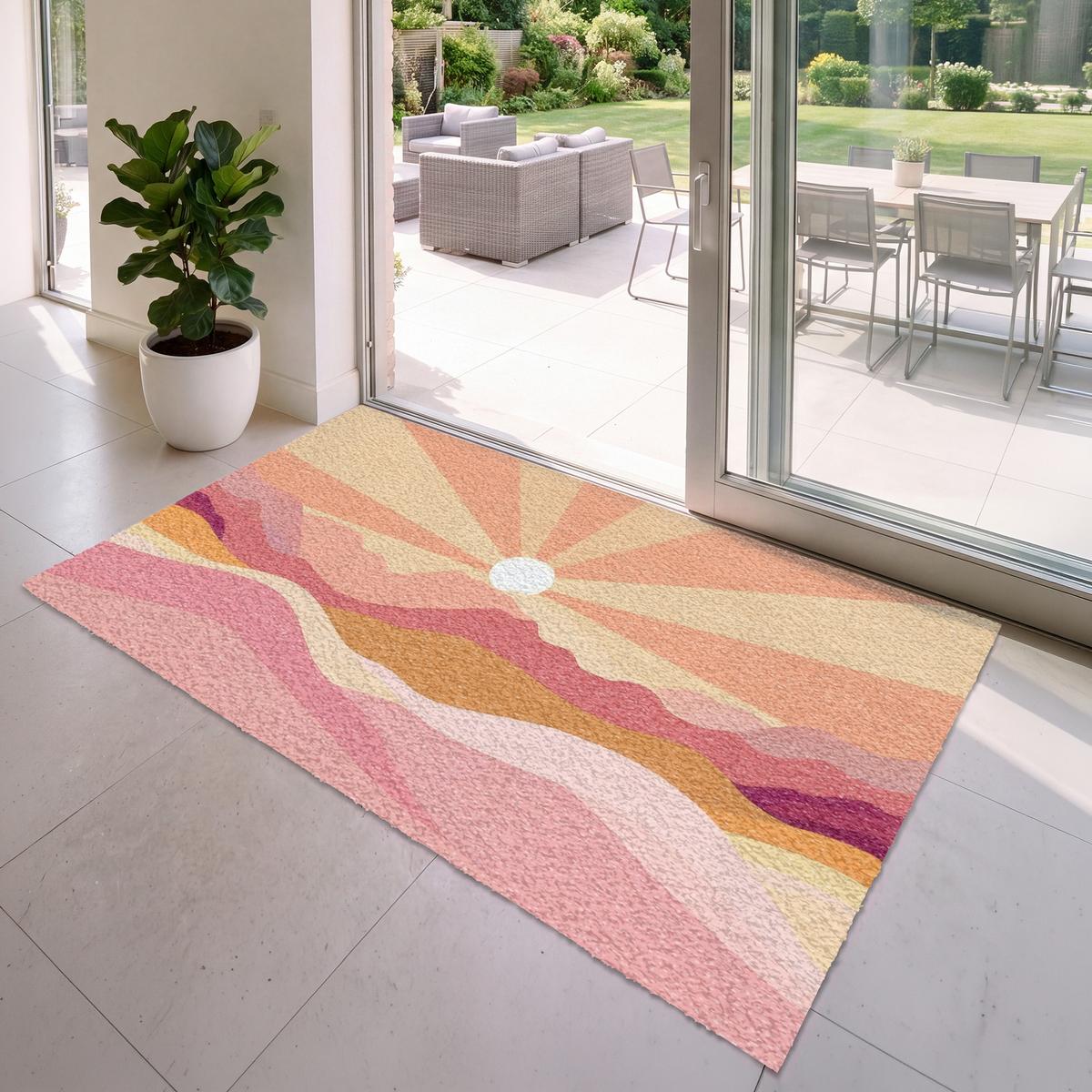 FUSSMATTE Berge - Abstrakt - Sonnenstrahlen - Rosa Sauberlaufmatte 180x120 cm - Rosa, Kunststoff (180/0.4cm) - MuchoWow