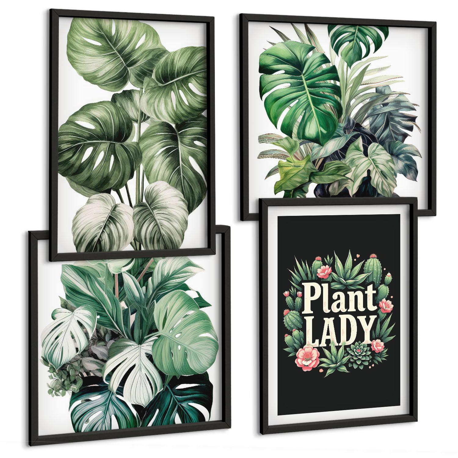BILDER SET 4er Set - 50x50 cm & 40x60 cm Schwarzer Rahmen - Tropische Pflanzen, Pflanzenliebhaberin - Schwarz, Kunststoff (50/50cm) - TULUP