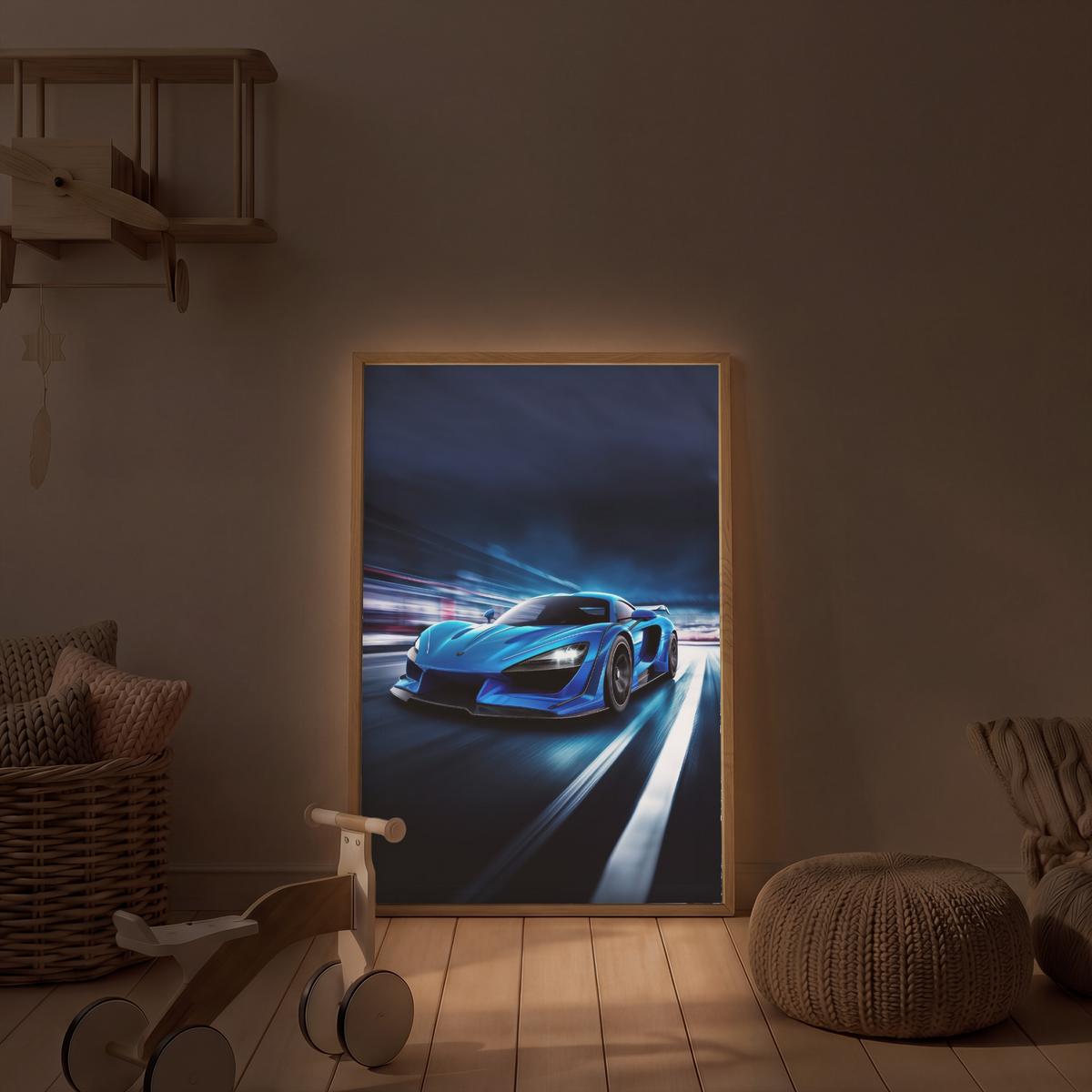 NACHTTISCHLAMPE MIT AKKU Auto - Blau - Jungen - Kind 70x100 cm - Blau, Holzwerkstoff (8/70/100cm) - OnlyWow