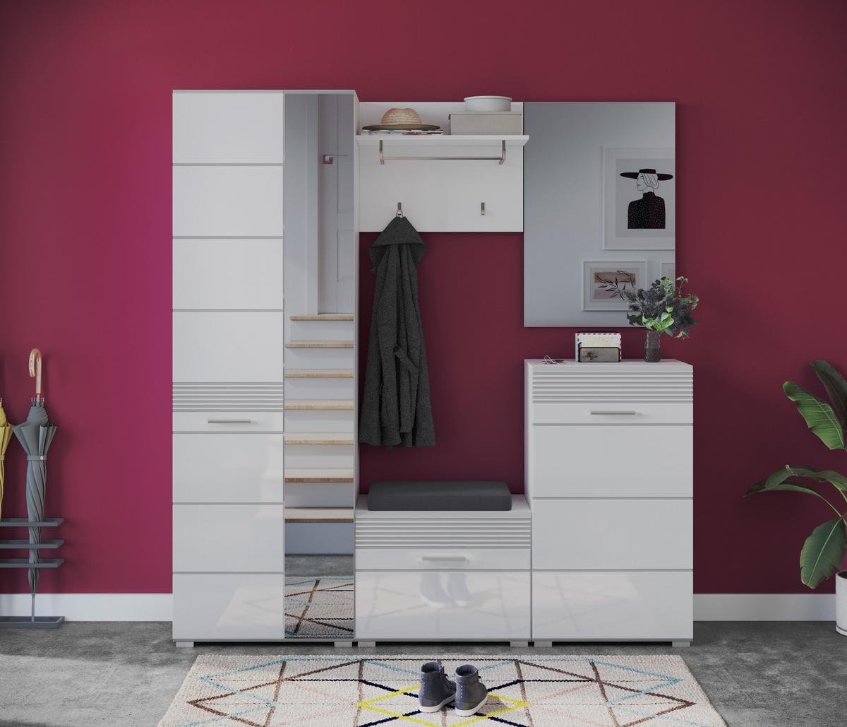 SCHUHSCHRANK weiß Hochglanz 55 cm, Garderobenschrank mit 6 Fächern - Weiß Hochglanz/Silberfarben, Holzwerkstoff/Kunststoff (55/190/37cm) - Inn.Furn