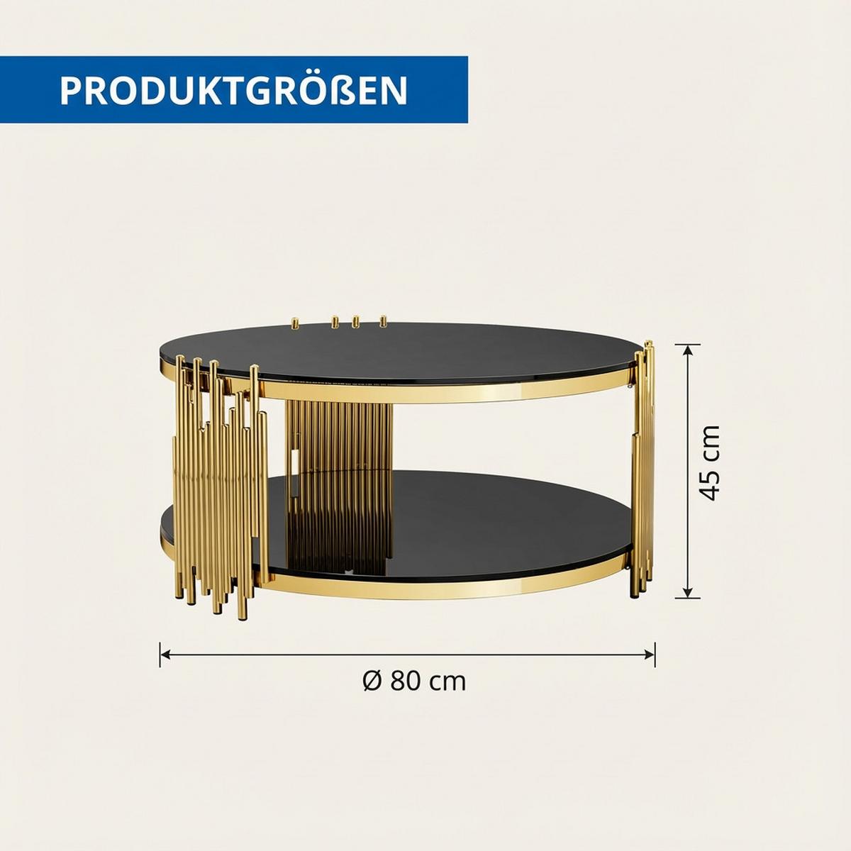 COUCHTISCH rund schwarz & gold Ø 80 cm doppelglas & edelstahlgestell - Goldfarben, Metall (80/80/45cm) - Urban Meuble