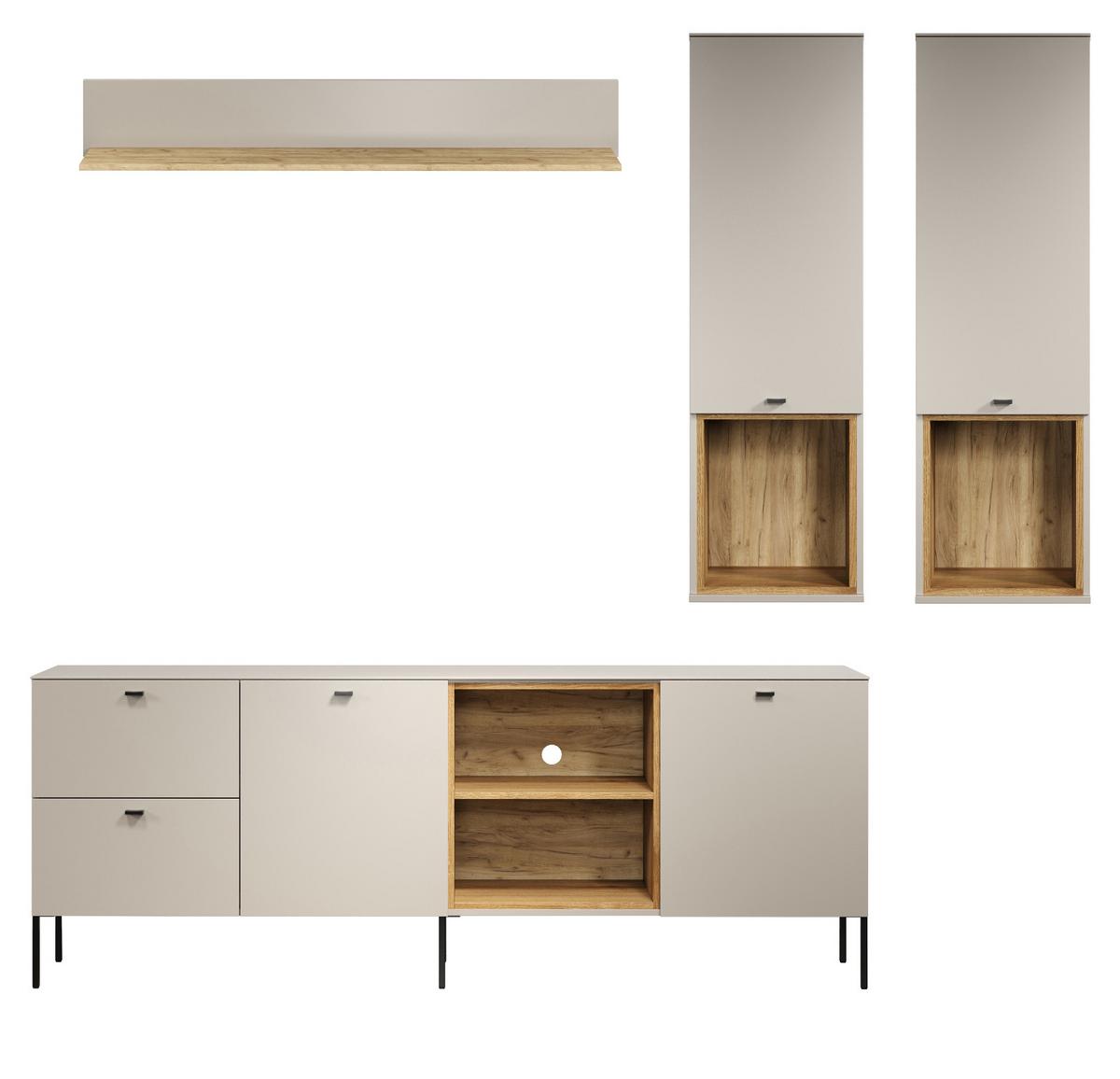 WOHNWAND Kaschmir, Eiche 4-teilig 250 cm, Schrankwand mit Soft-Close - Sandfarben/Kaschmir, Holzwerkstoff/Metall (140/20/22cm) - Top.Furn