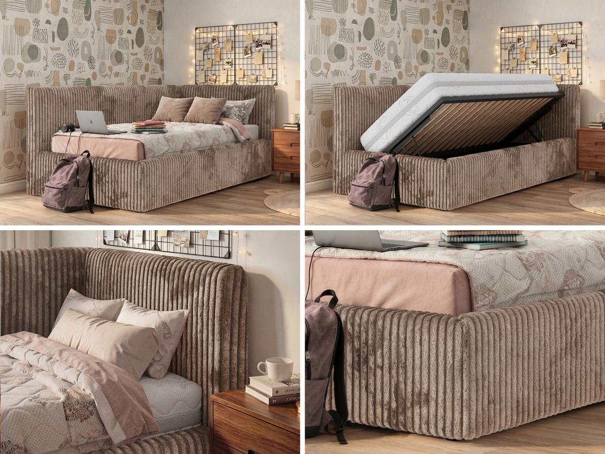 POLSTERBETT TILVO 90/200 - Braun Cord - Taschenfederkernmatratze - Rechts - Braun, Textil (200/90cm) - MKS