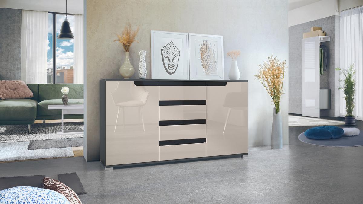 SIDEBOARD Sylt Sandgrau Hochglanz / Schwarz Hochglanz - Sandfarben/Schwarz, Holzwerkstoff (138.5/75.5/35cm) - Vladon