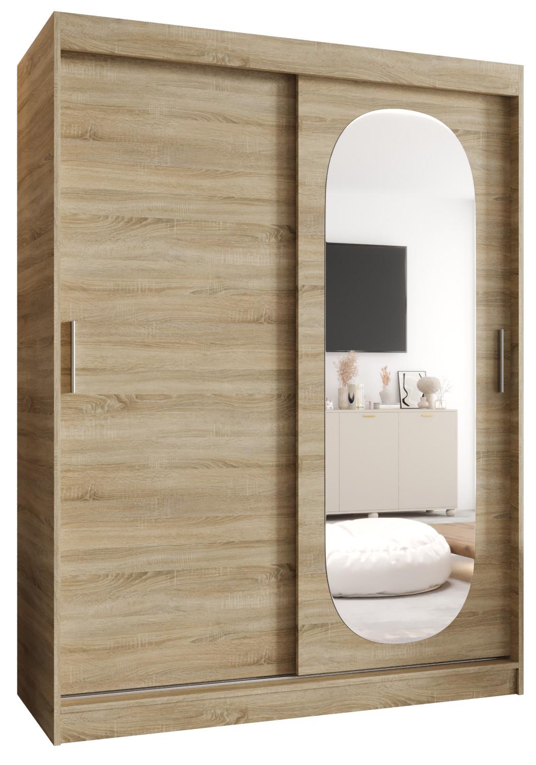 SCHIEBETÜRENSCHRANK mit Spiegel ROYAL 200/150/62 2-türig - Silberfarben/Sonoma Eiche, Holz (150/62/150cm) - MÖBEL KRYSPOL