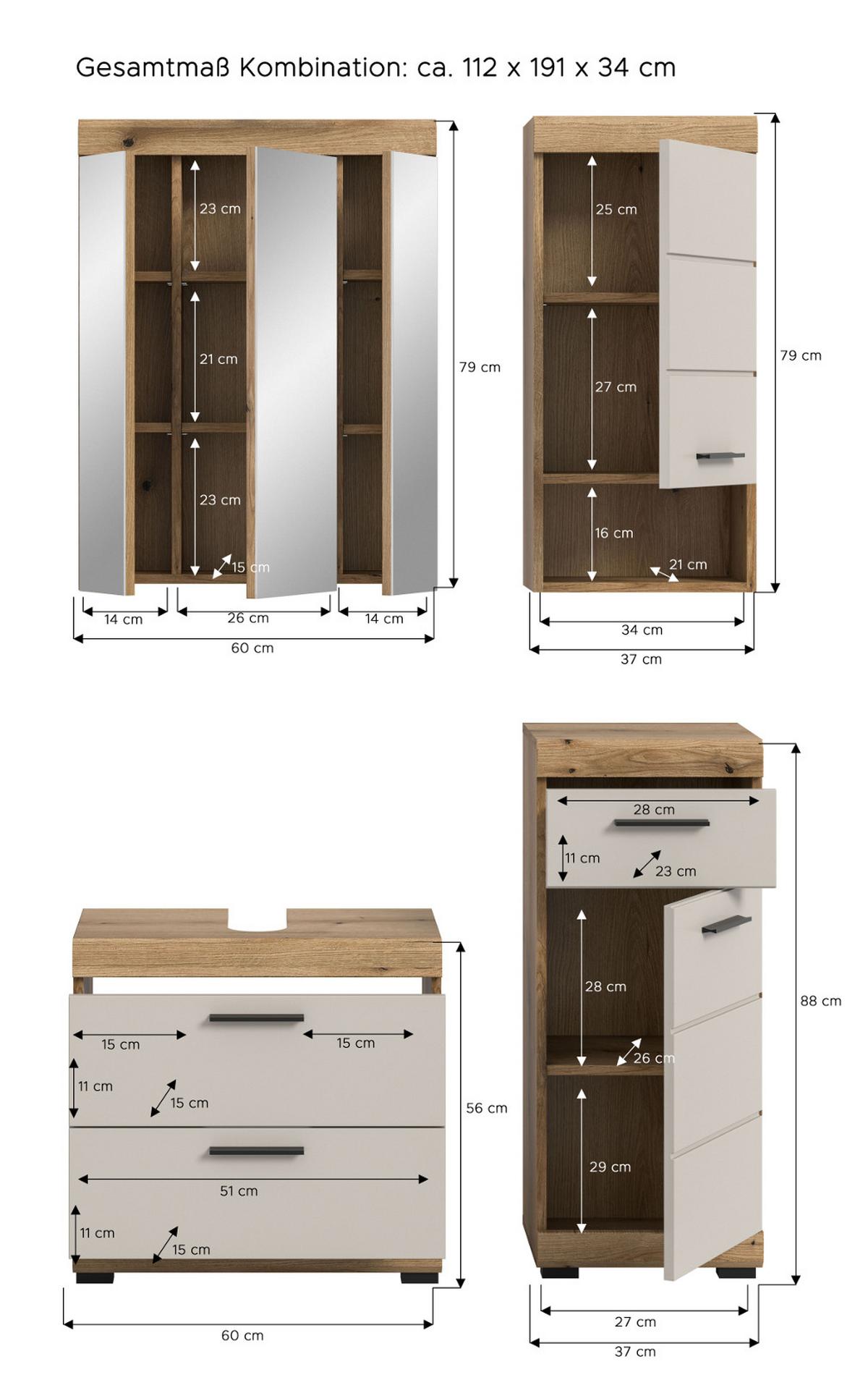 BADMÖBEL-SET Sand Kaschmir, Evoke Eiche 4-teilig, Badkombination 112 x 191 cm - Kaschmir/Eichefarben, Glas/Holzwerkstoff (112/191/34cm) - Inn.Furn