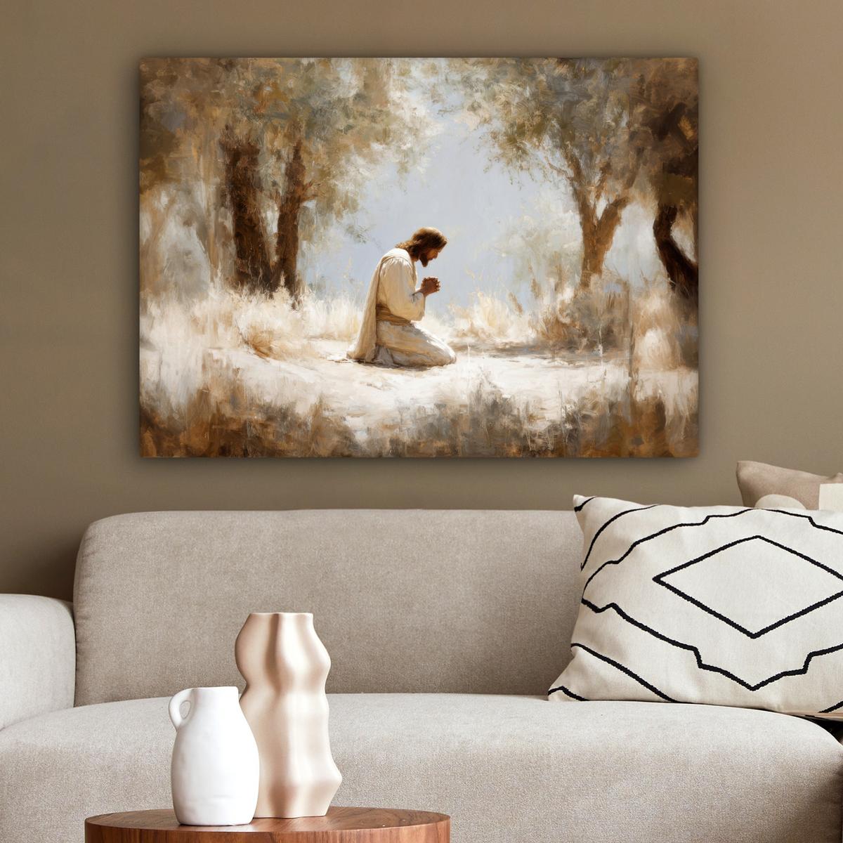 LEINWANDBILD Jesus - Kniend - Waldlandschaft - Betend Wandbilder 80x60 cm - Beige/Hellblau, Textil (80/60cm) - MuchoWow