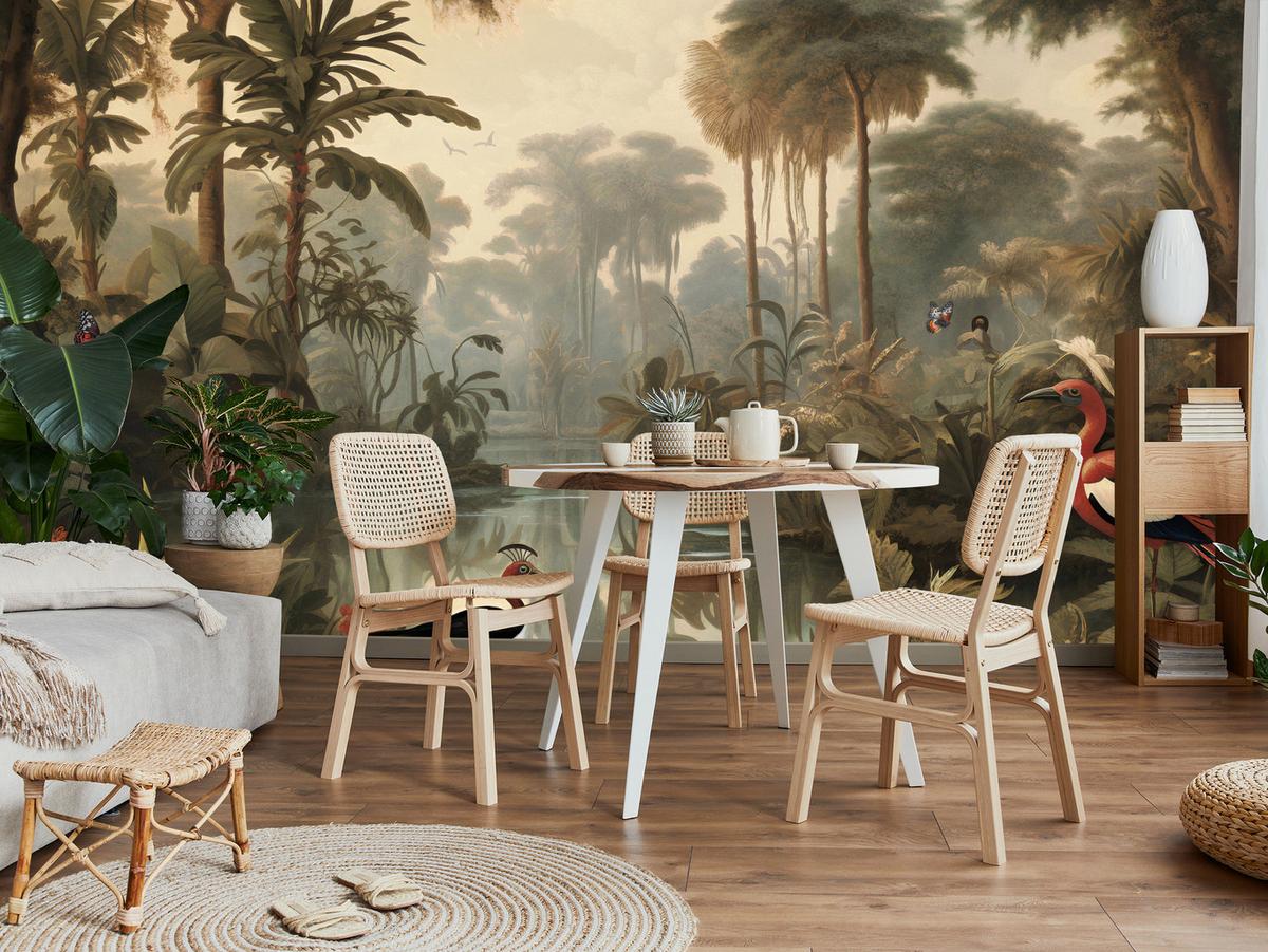 FOTOTAPETE Dschungel Tropische Pflanzen Vögel 350x256 - Gelb/Beige, Papier (350/256cm) - Muralo