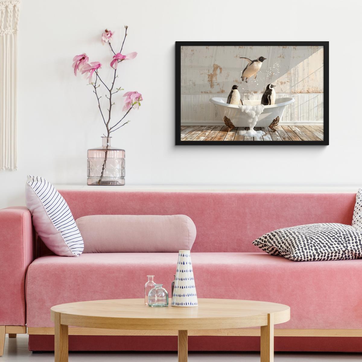 POSTER MIT RAHMENGERAHMTES BILD Vintage - Pinguin - Badewanne - Schaumstoff 60x40 cm - Schwarz, Papier (60/40cm) - MuchoWow