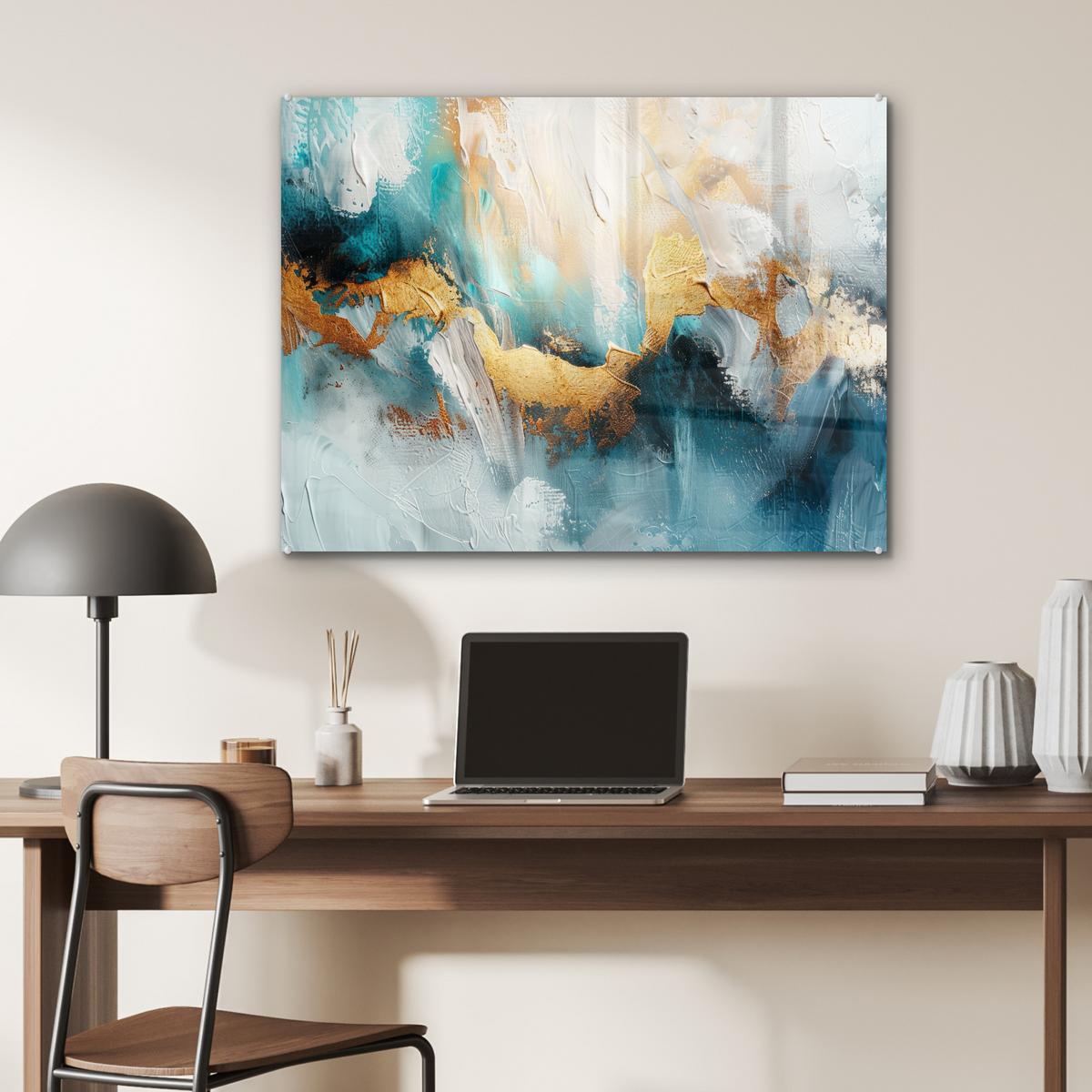 ACRYLGLASBILD Abstrakt - Kunst - Gold - Blau 80x60 cm - Petrol, Glas (80/60cm) - MuchoWow