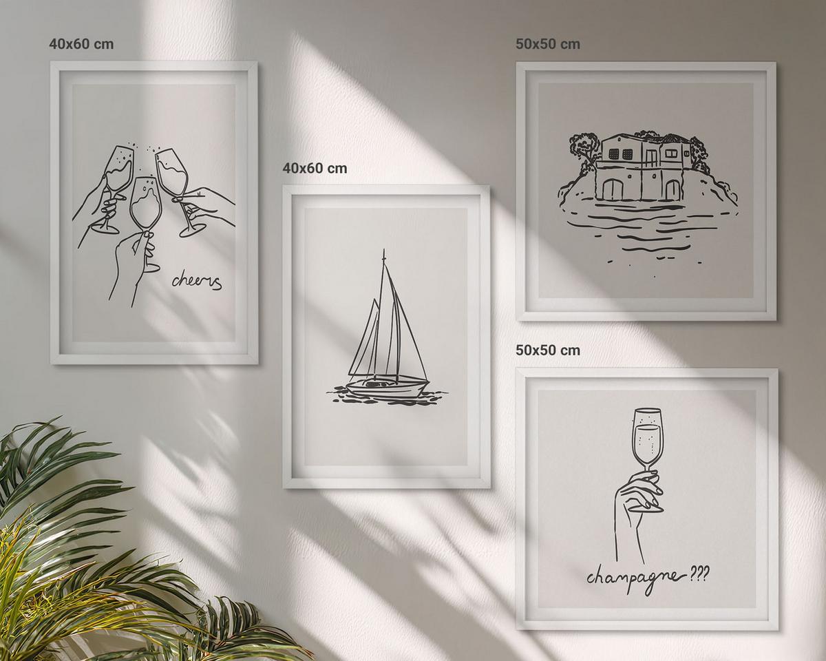 BILDER SET 4er Set - 50x50 cm & 40x60 cm Weißer Rahmen - Haus am Wasser, Toastsegelboot - Weiß, Kunststoff (50/50cm) - TULUP