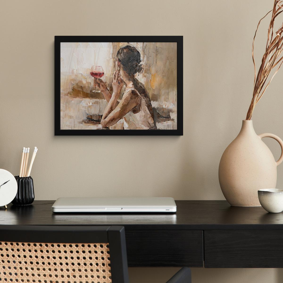 POSTER MIT RAHMENGERAHMTES BILD Ölgemälde - Frau - Wein 40x30 cm - Hellbraun, Papier (40/30cm) - MuchoWow