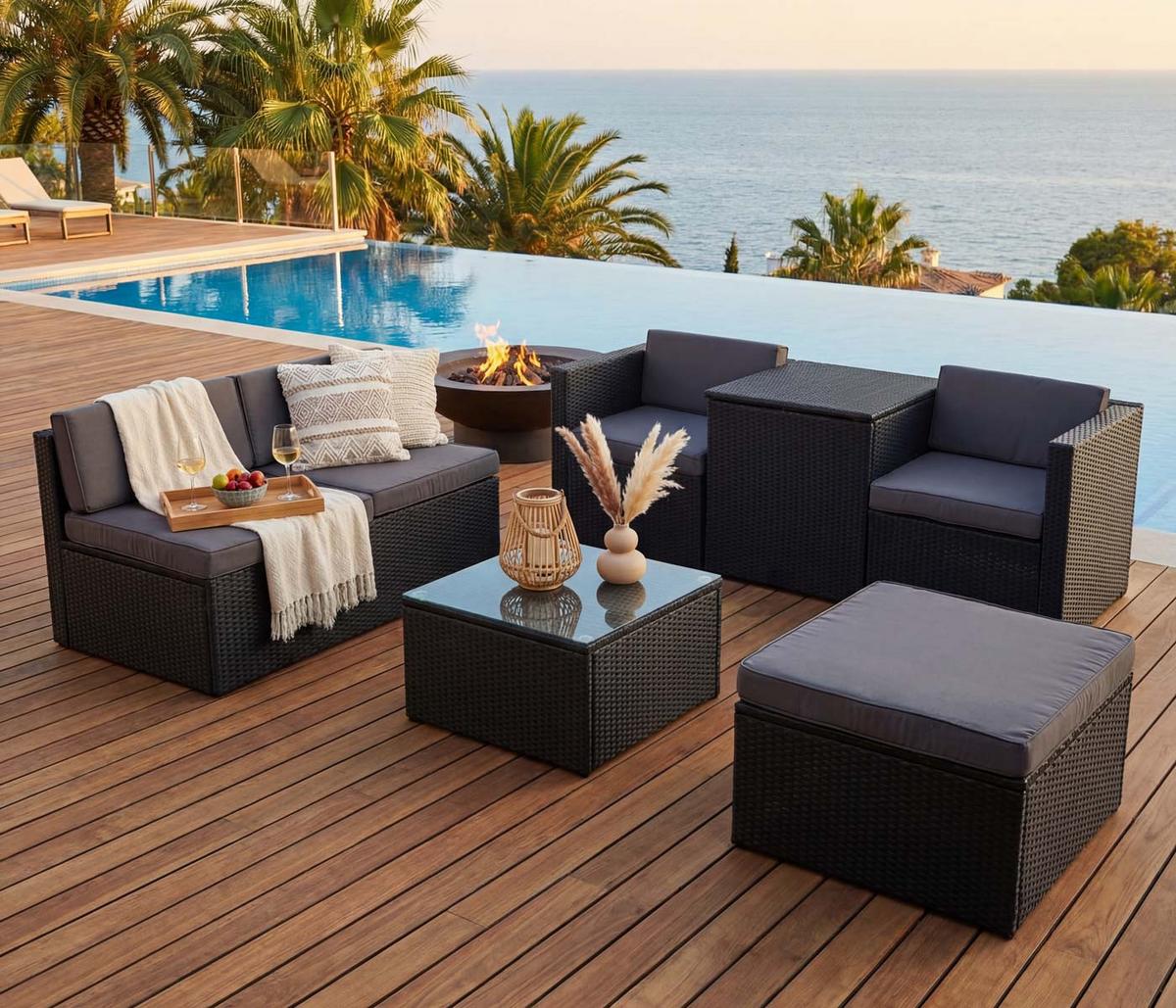 POLY-RATTAN-GARNITUR STAUFACH Anthrazit - Anthrazit, Kunststoff - MCW