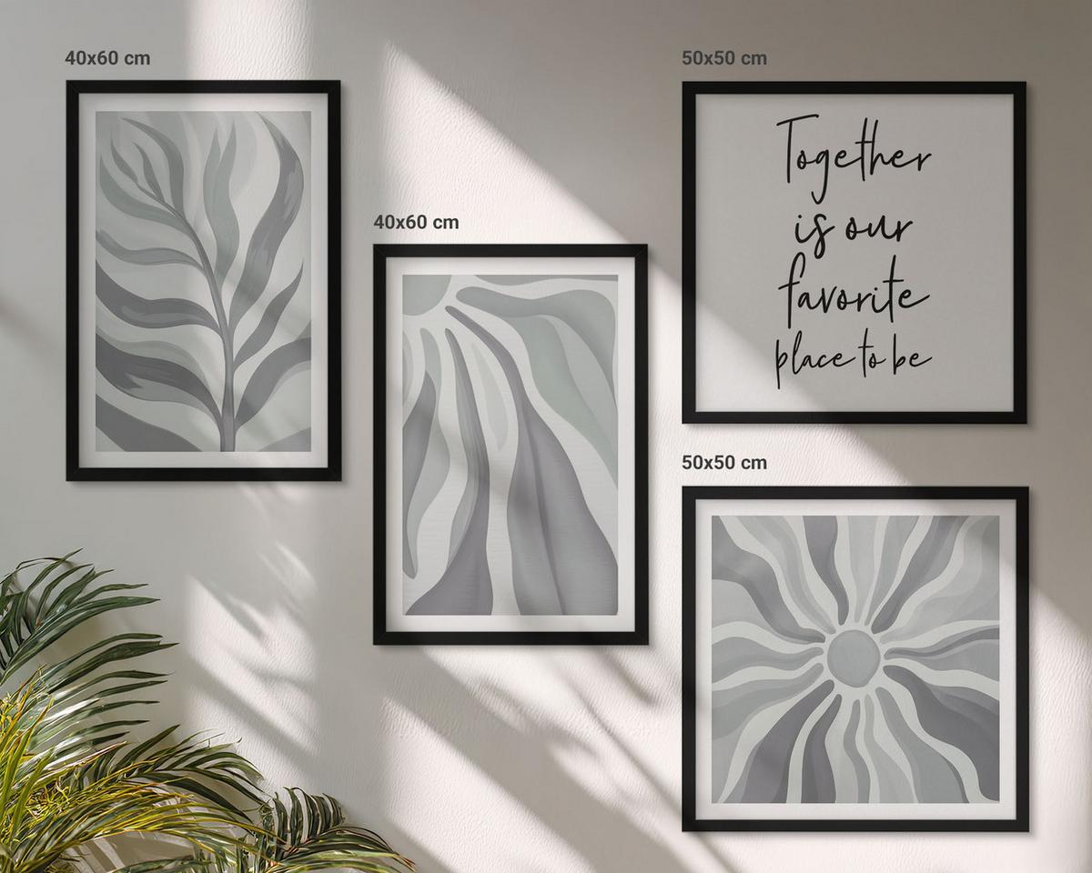 BILDER SET 4er Set - 50x50 cm & 40x60 cm Schwarzer Rahmen - Illustrationen mit floralen Pastellmustern - Schwarz, Kunststoff (50/50cm) - TULUP