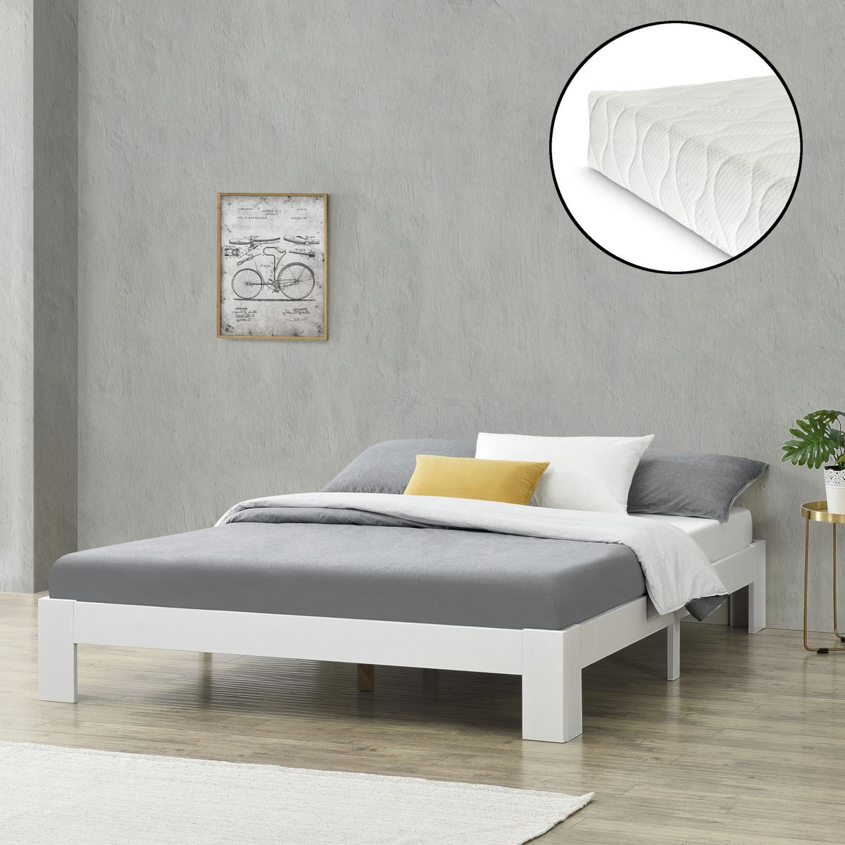 HOLZBETT Raisio mit Matratze - Weiß, Holz/Textil (160/200cm) - [en.casa]