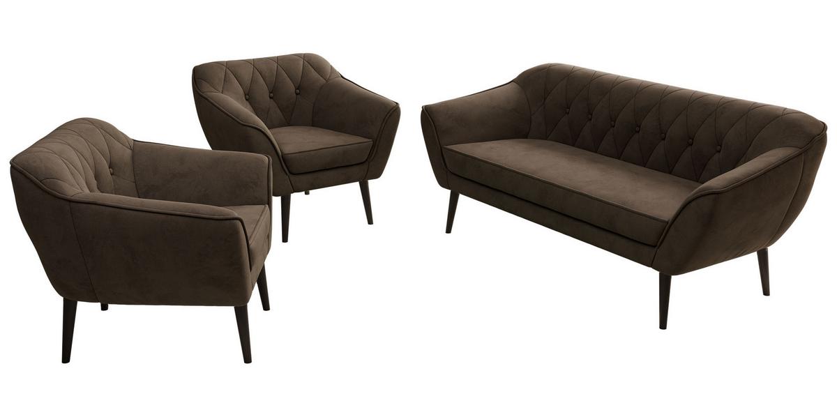 SITZGARNITUR PIRS 3+1+1 - Braun Velvet - Schwarze Beine - Dunkelbraun/Schwarz, Holzwerkstoff/Textil (180/75/74cm) - MKS