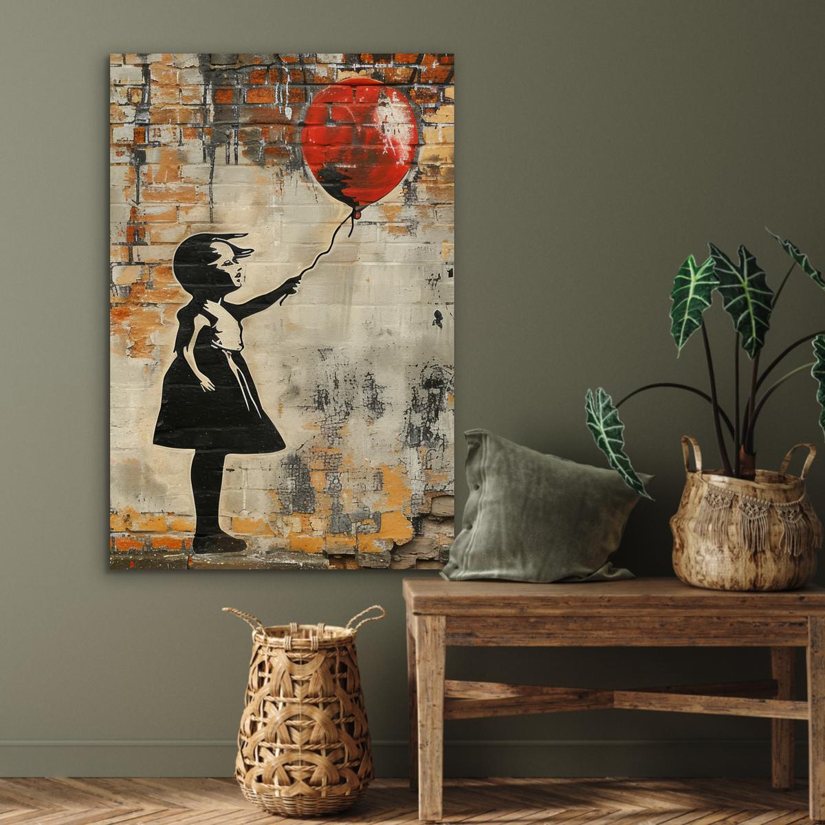 METALLBILD Graffiti - Banksy - Mädchen - Straßenkunst 80x120 cm - Sandfarben, Metall (80/120cm) - MuchoWow