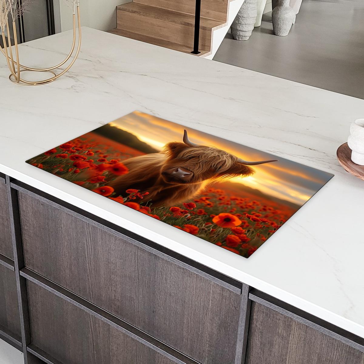 HERDABDECKPLATTE Schottische Highlander - Rosen - Blumenfeld - Sonnenuntergang Induktionsschutz 91.6x52.7 cm - Rotbraun, Kunststoff (91.6/52.7/0.2cm) - MuchoWow