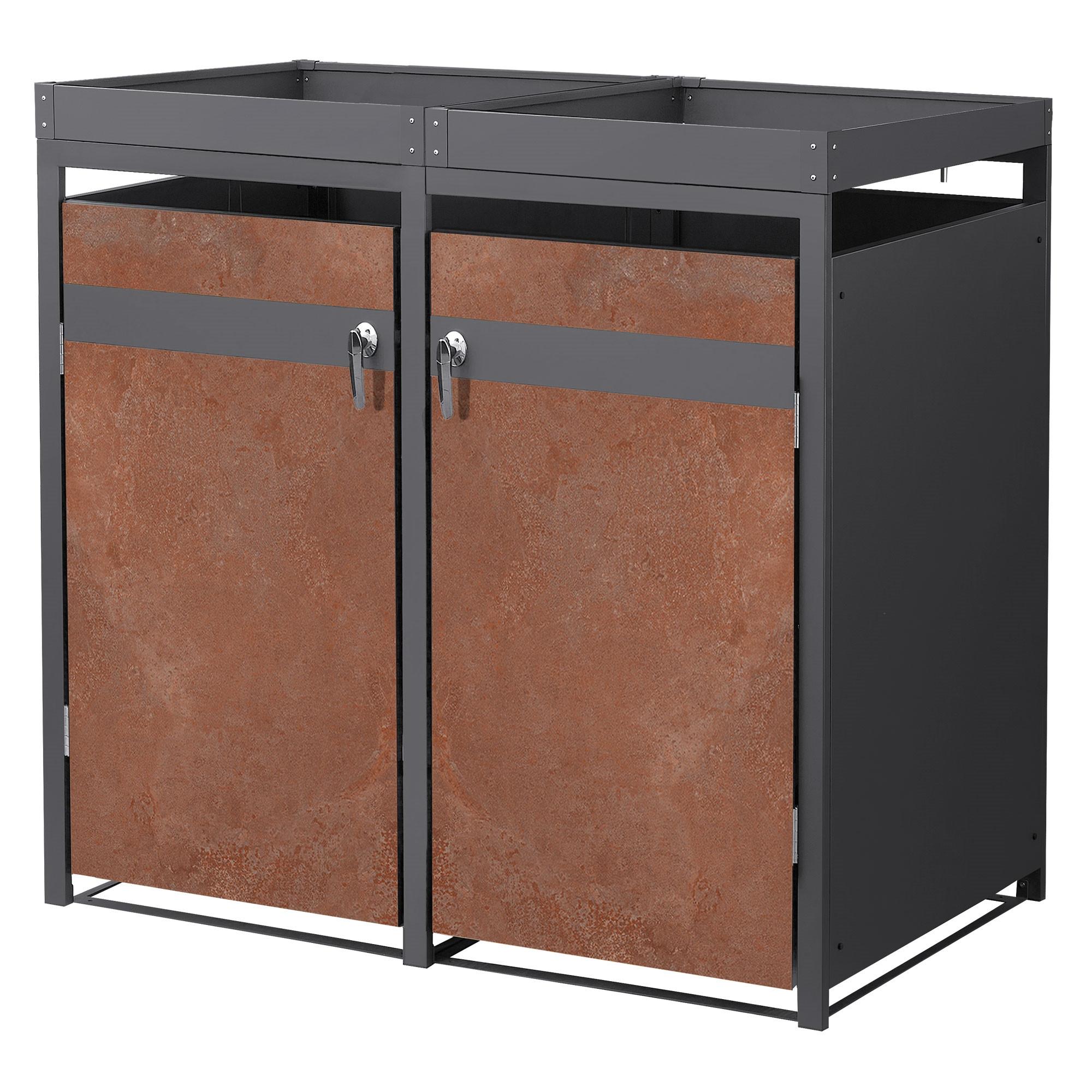 MÜLLTONNENBOX 2er mit Pflanzdach Anthrazit-Rostoptik - Rotbraun, Metall (132/124/80cm) - ML-DESIGN