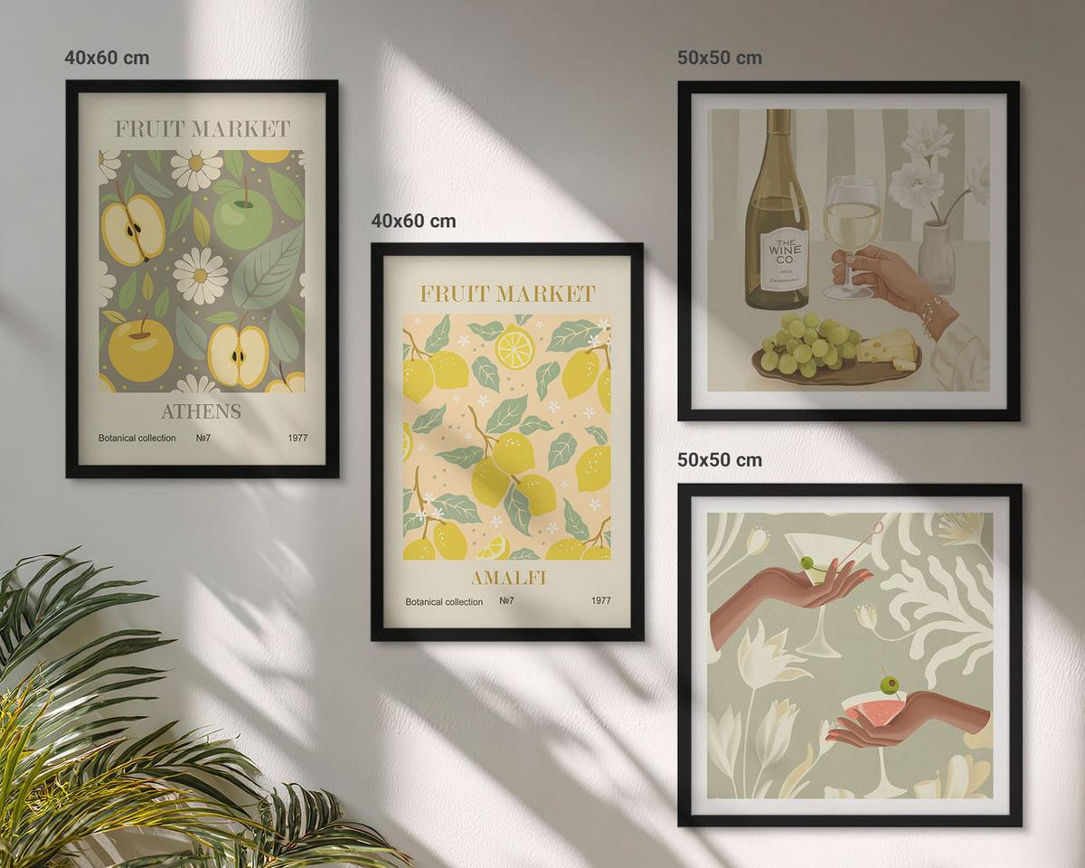 BILDER SET 4er Set - 50x50 cm & 40x60 cm Schwarzer Rahmen - Fruchtige Muster italienischer Wein - Schwarz, Kunststoff (50/50cm) - TULUP